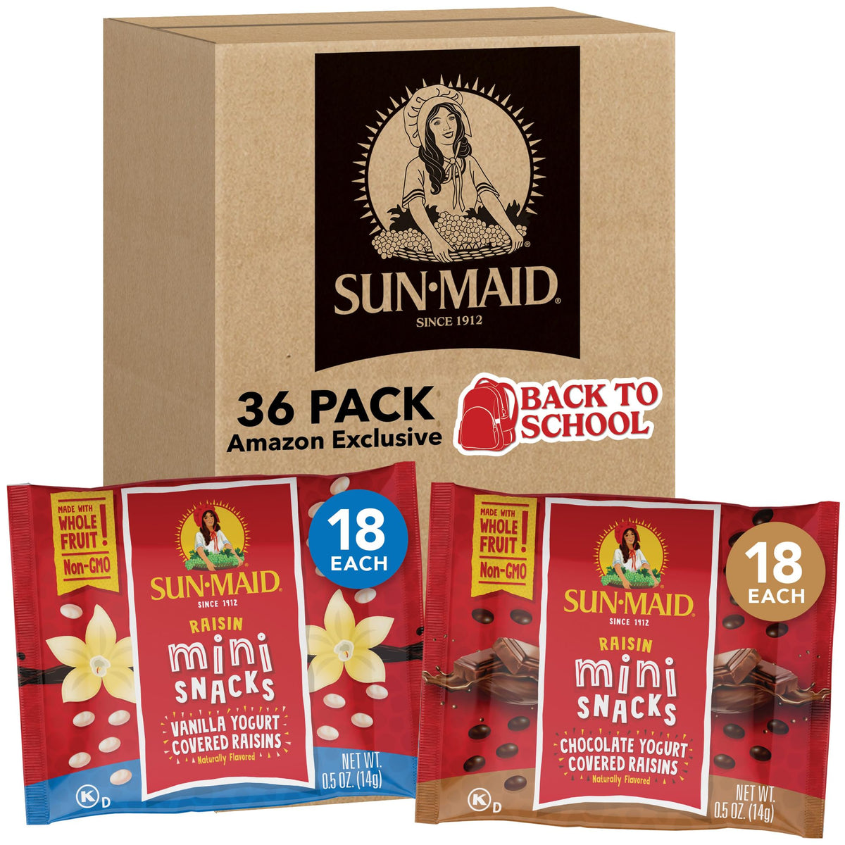 Sun-Maid caja frontal muestra variedad vainilla y chocolate, facilita elección