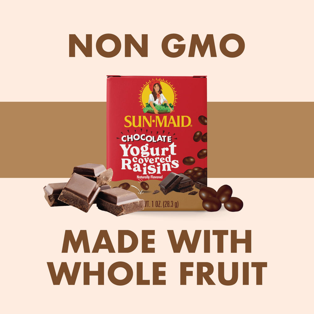 Sun-Maid pasas cubiertas de chocolate primer plano, sabor firme y cremoso