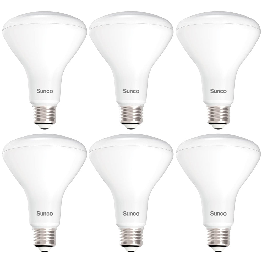 Sunco BR30 six-pack front view showing bulbs and packaging benefit energy savings
