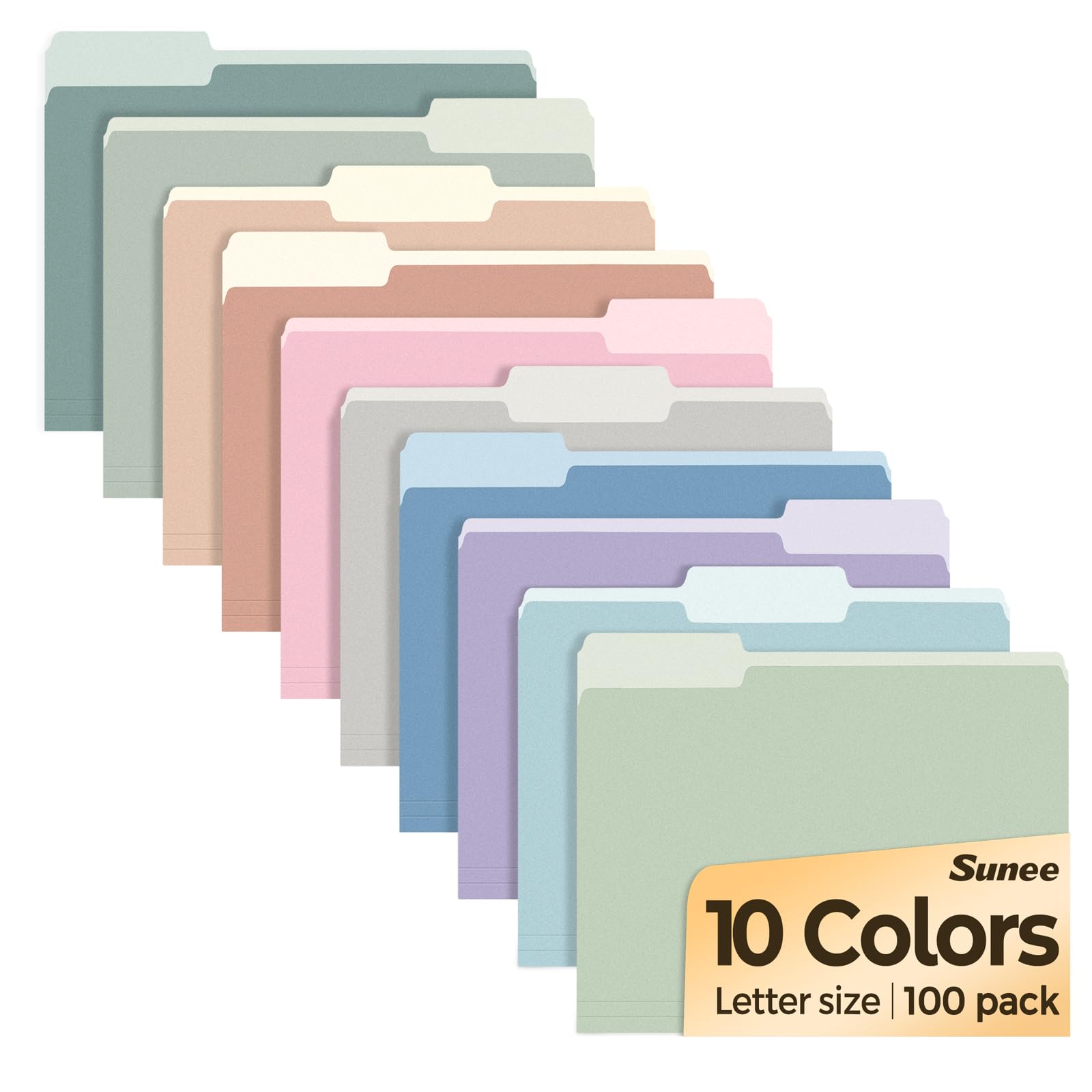SUNEE paquete frontal 100 carpetas mostrando colores pastel y cantidad