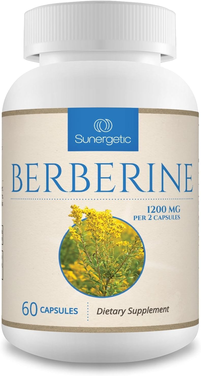 Sunergetic frasco frontal mostrando berberine HCl y beneficio de dosificación clara