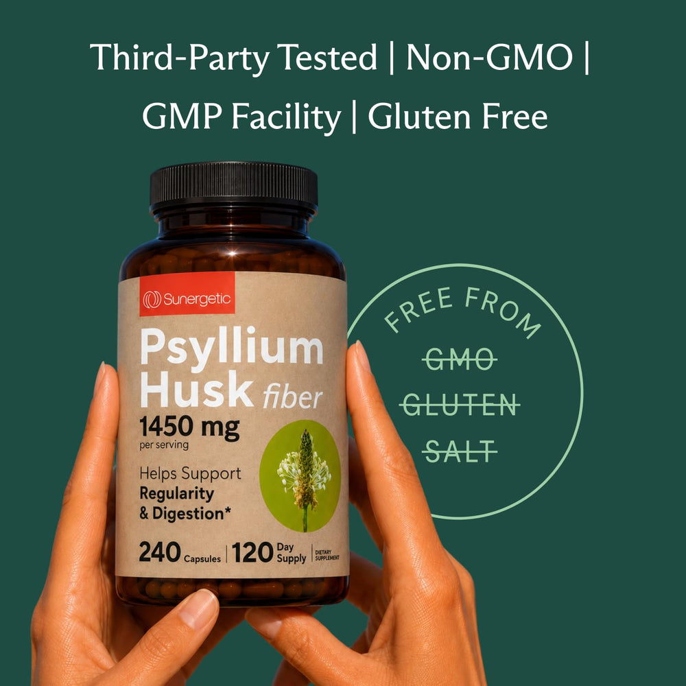 Imagen comparativa Sunergetic que ilustra cápsulas frente a polvo de psyllium