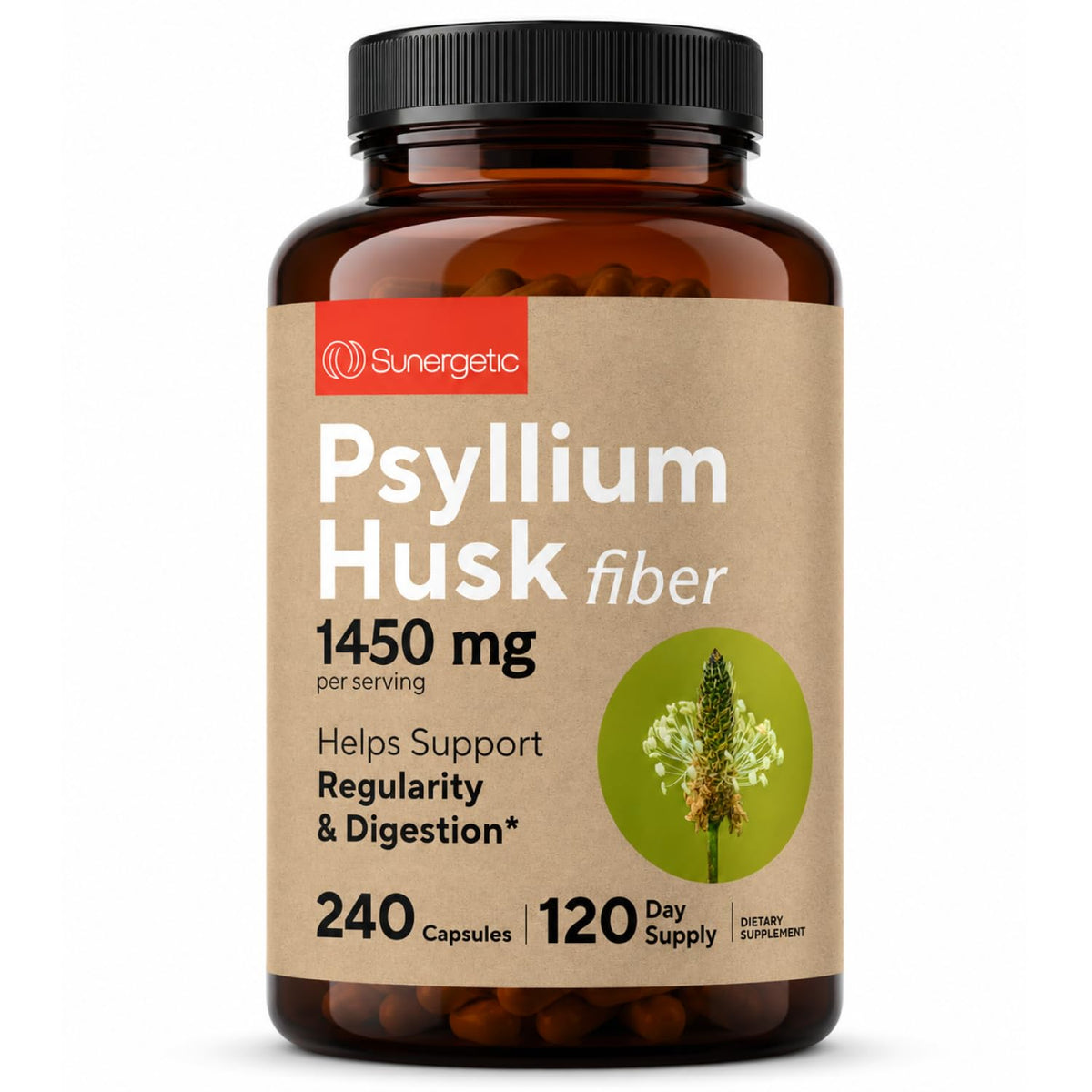 Sunergetic envase frontal de cápsulas de psyllium con presentación clara y práctica