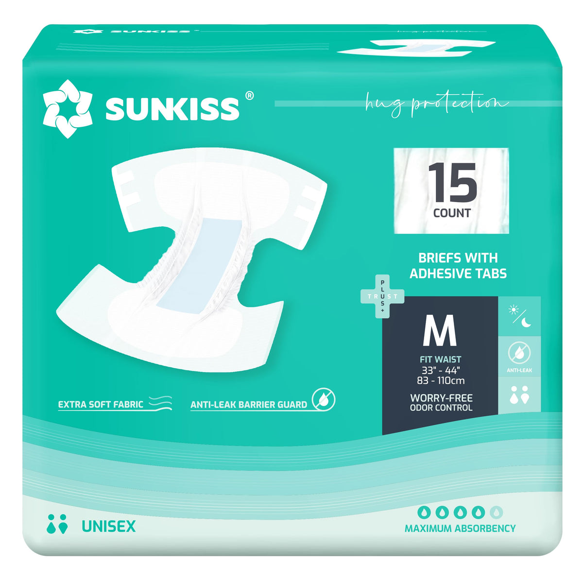 SUNKISS empaque frontal mostrando 15 pañales y beneficio de protección continua