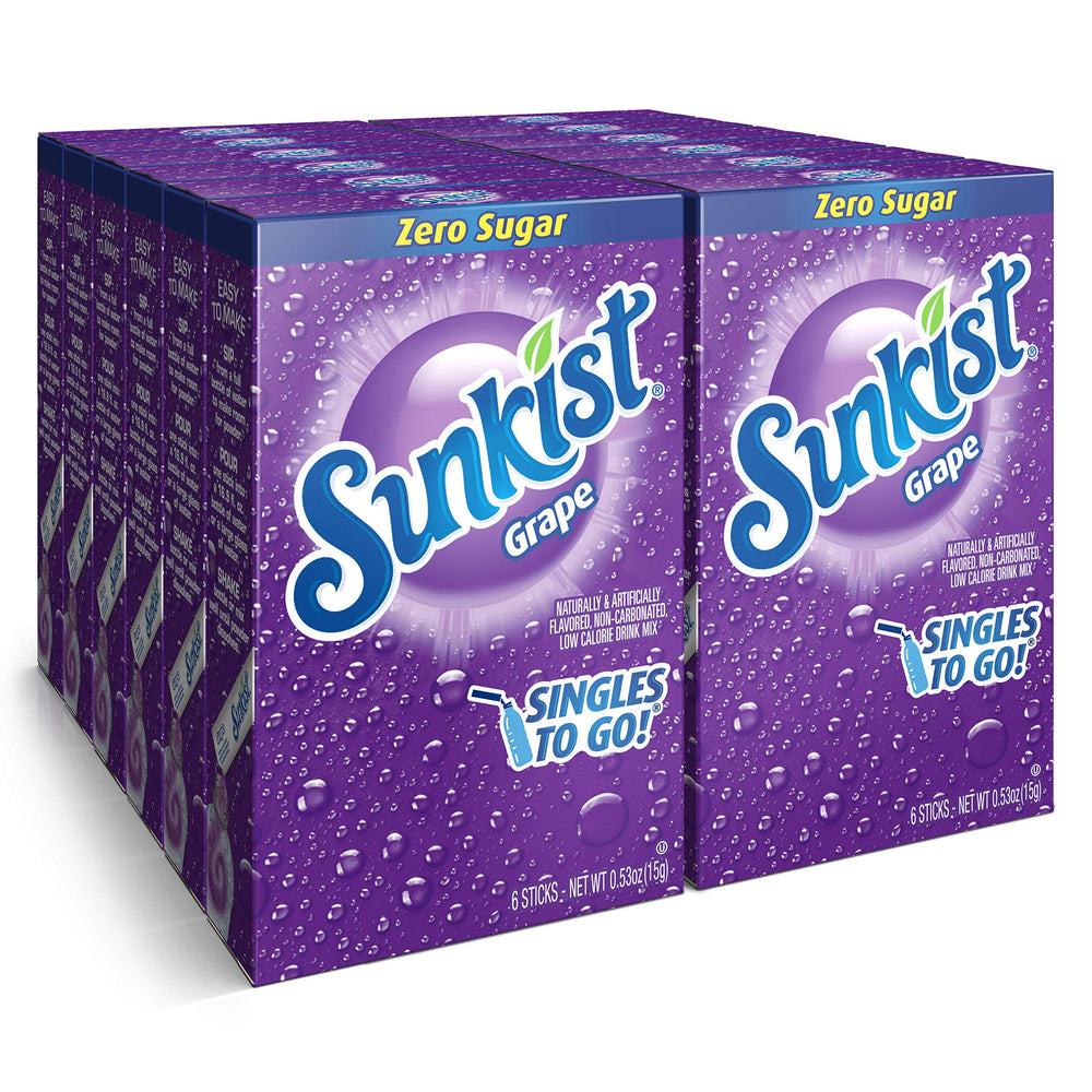 SINGLES TO GO! Sunkist frontal del empaque mostrando sobres y beneficio portátil