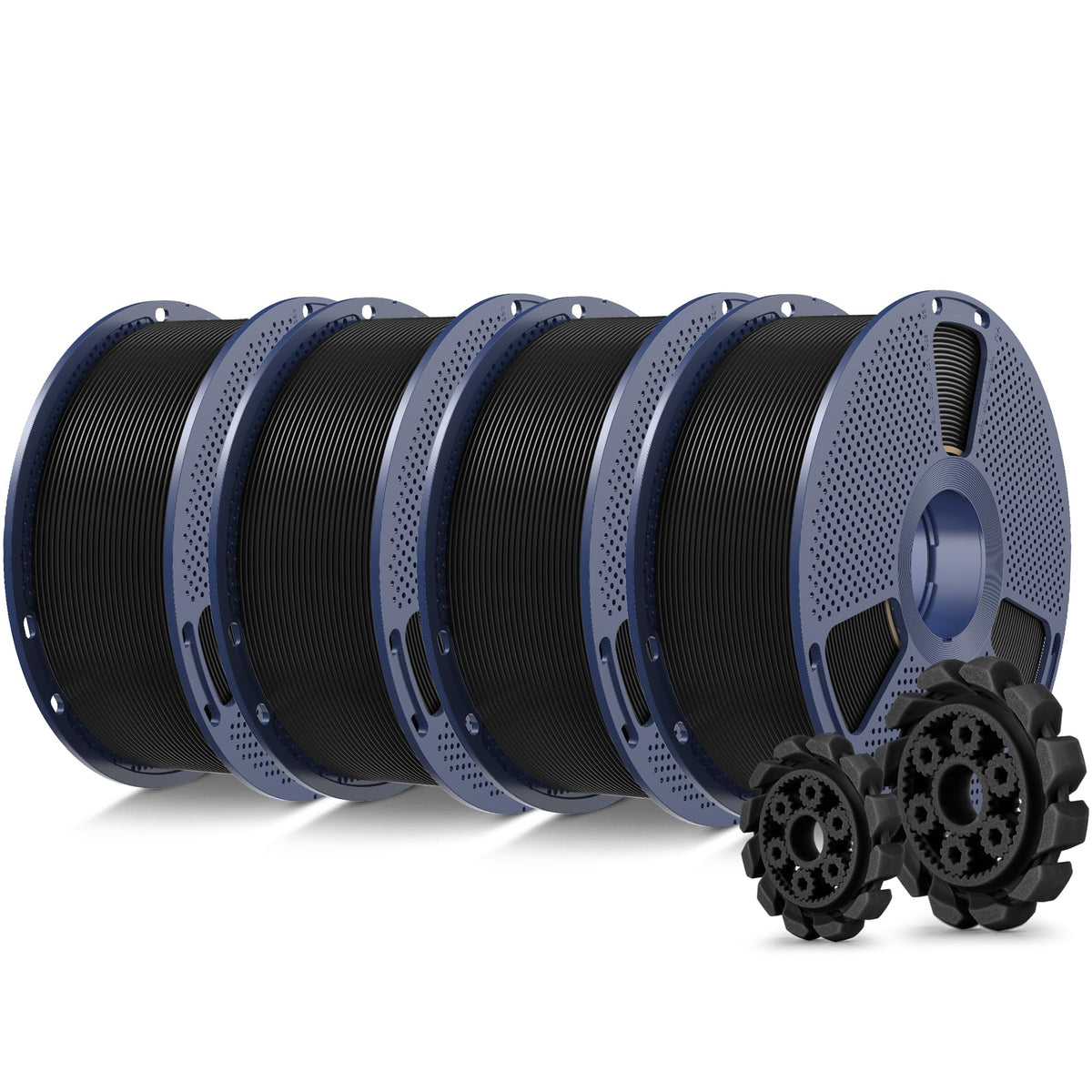 SUNLU pack frontal mostrando los cuatro carretes negros y beneficio de mayor stock