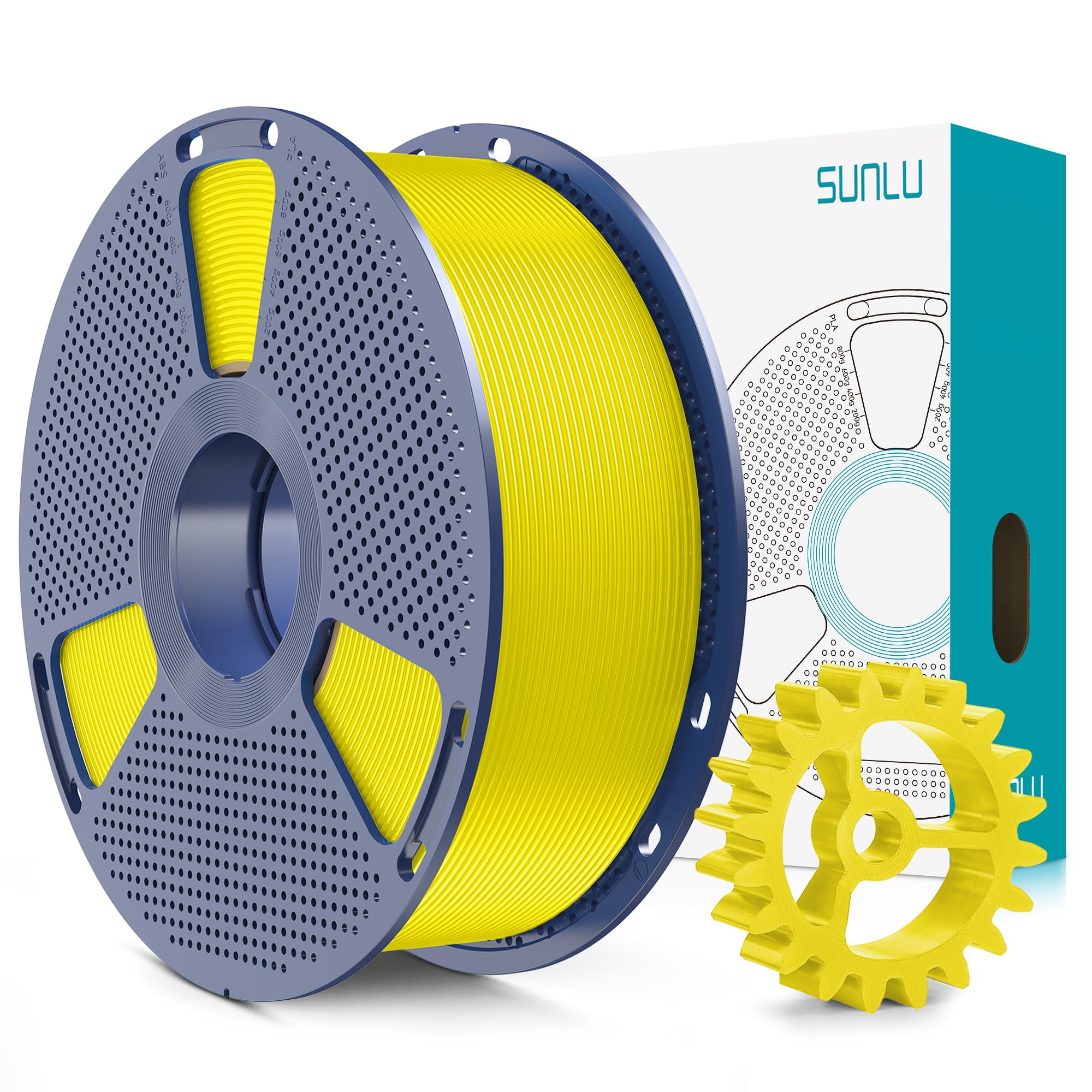 SUNLU bobina frontal amarillo mostrando etiqueta y acabado