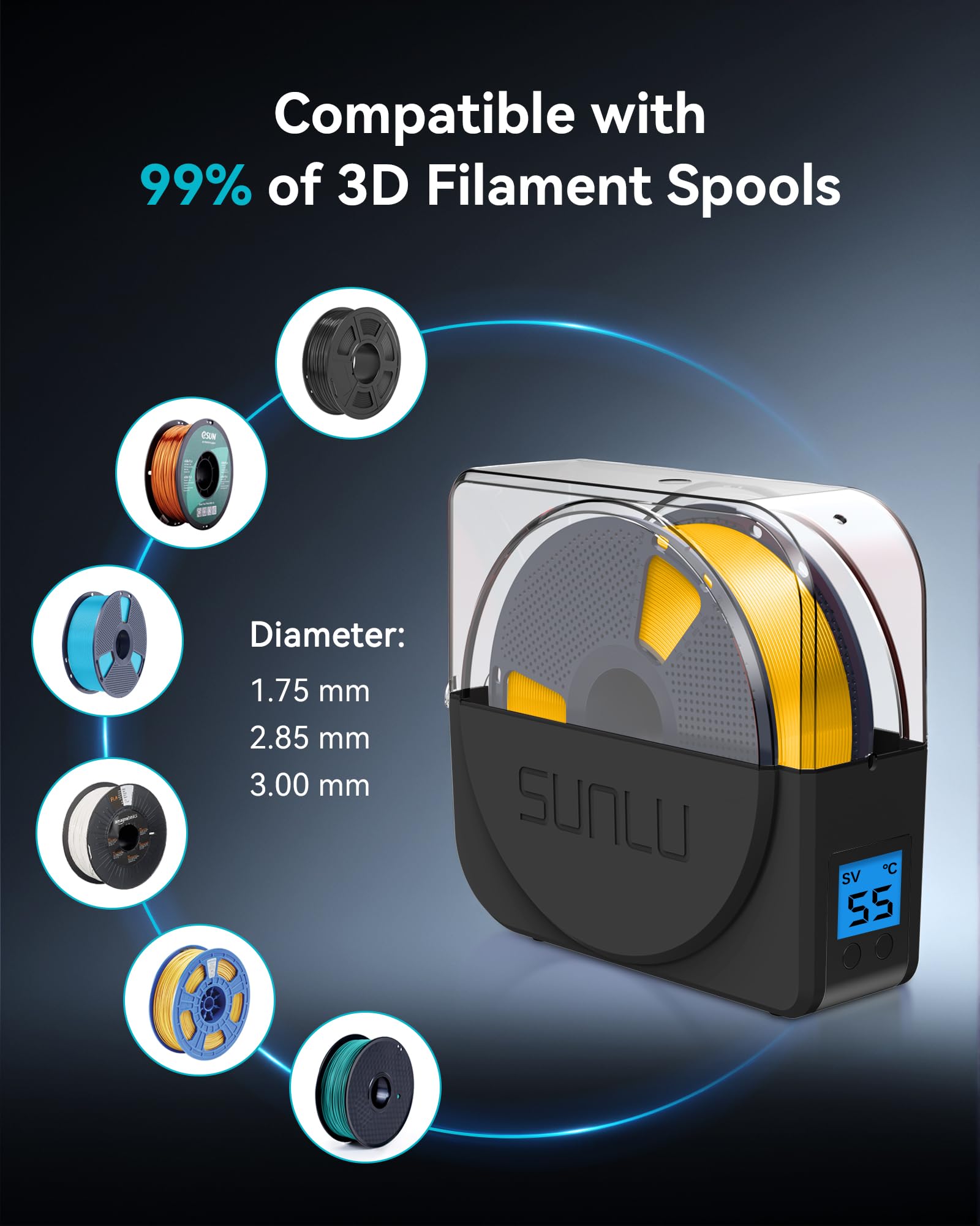 SUNLU S1 Plus con carrete 1.75 mm dentro ilustrando uso con filamento real