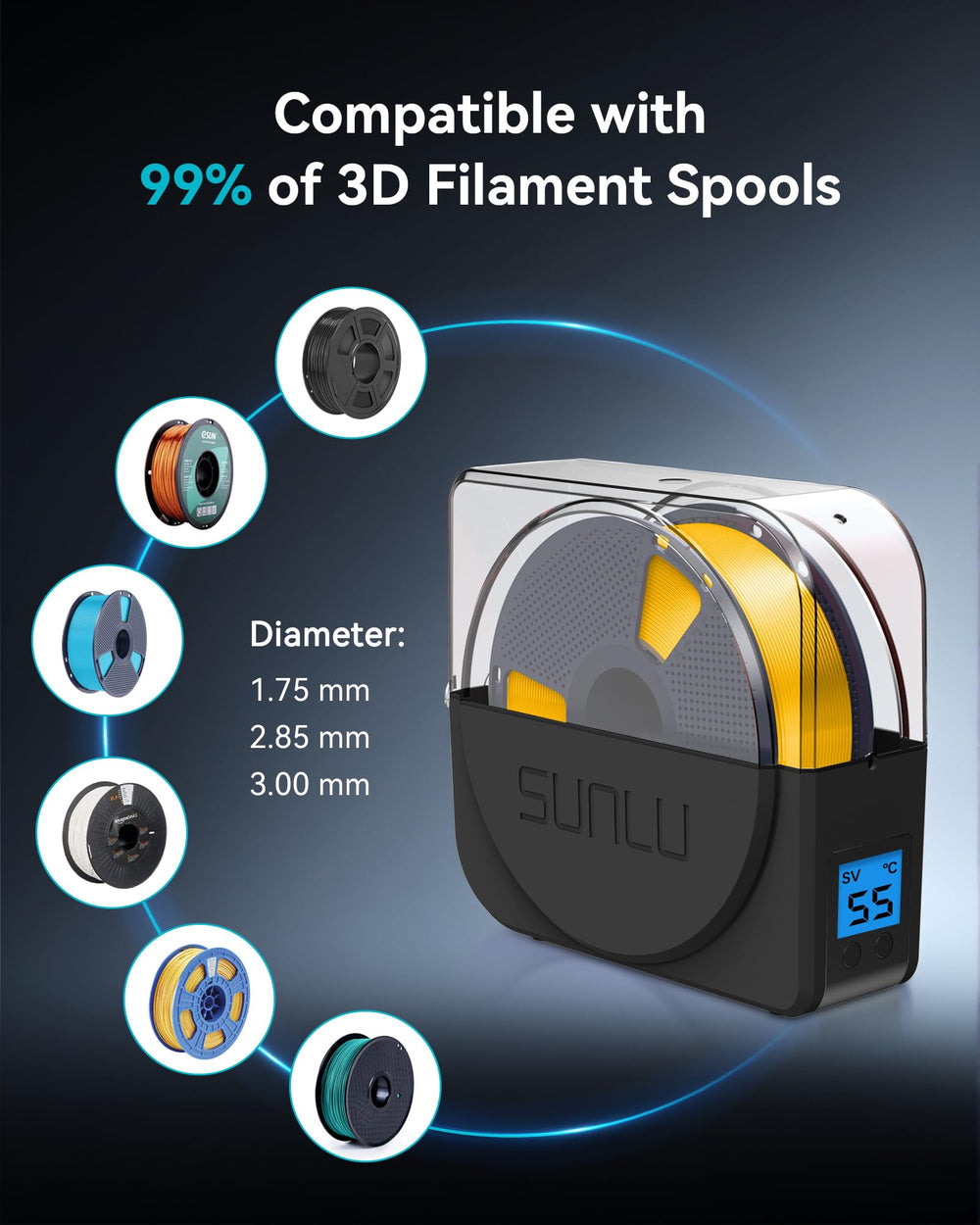 SUNLU S1 Plus con carrete 1.75 mm dentro ilustrando uso con filamento real
