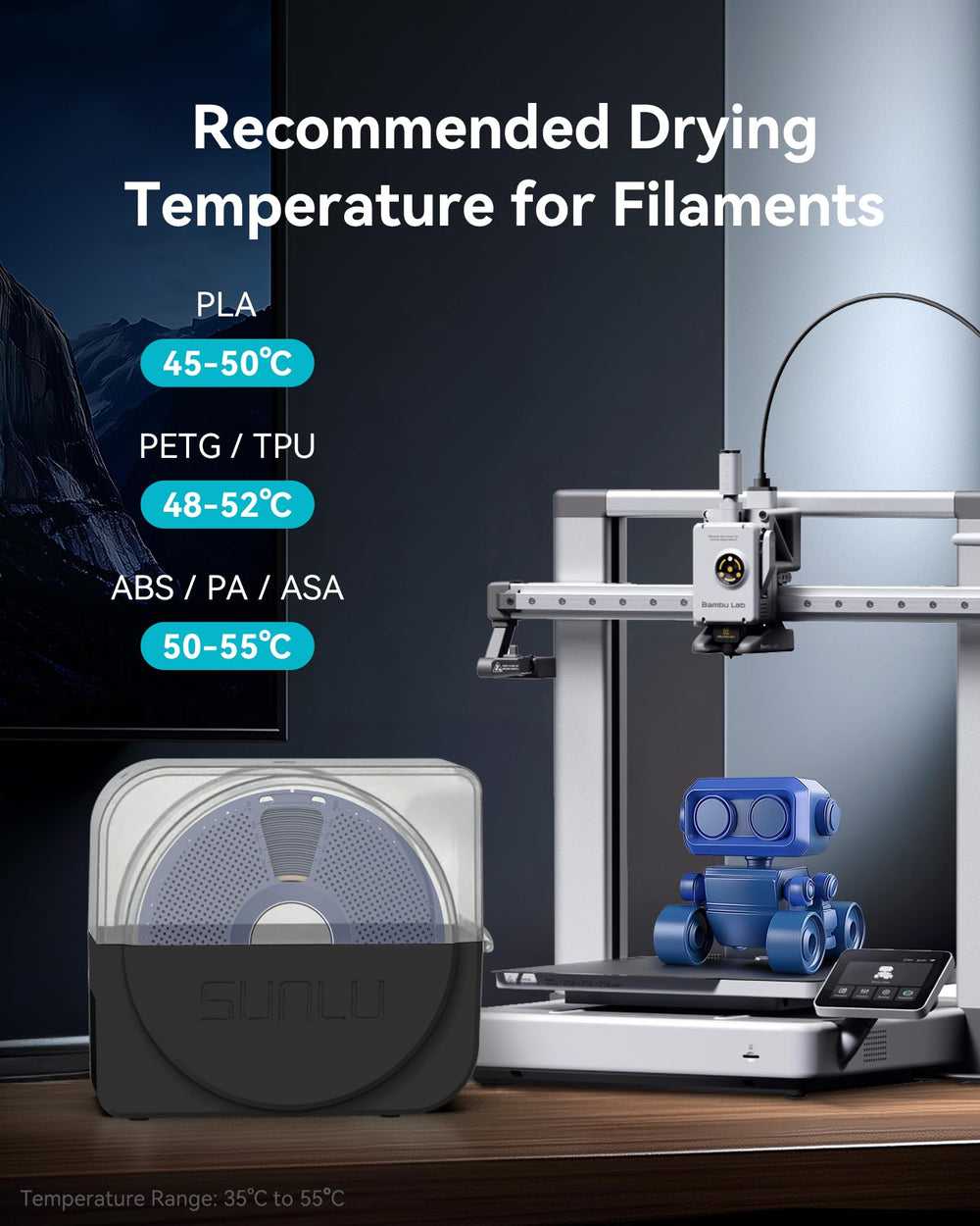 SUNLU S1 Plus junto a regla para comparar dimensiones y capacidad del carrete