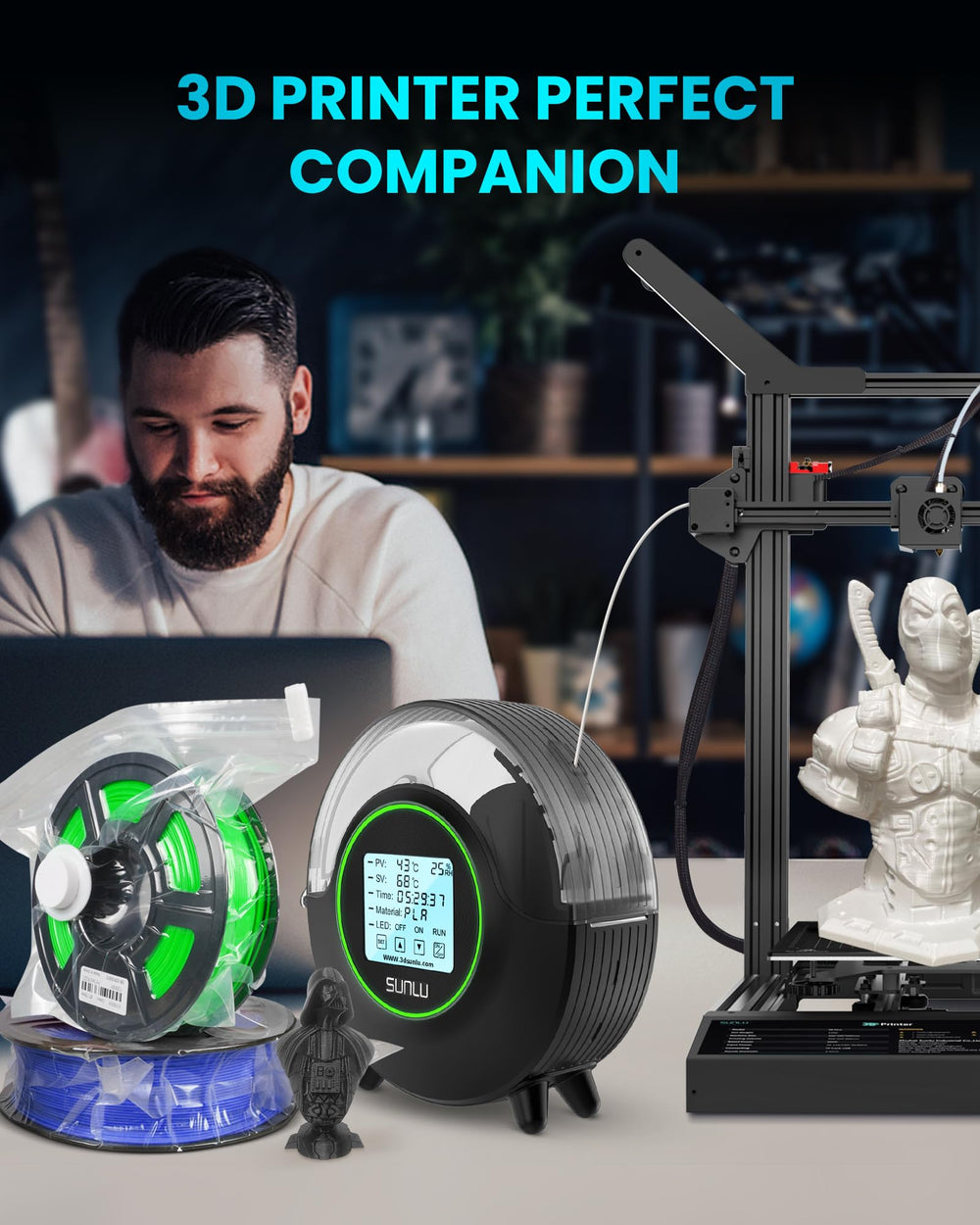 SUNLU S2 etiqueta con compatibilidad PLA PETG ABS y diámetros estándar