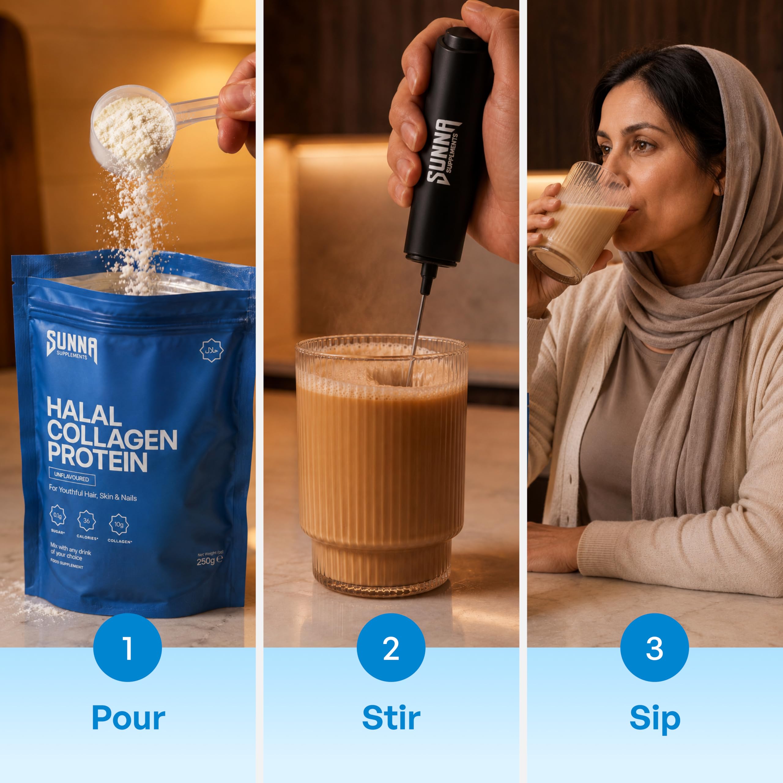 SUNNA SUPPLEMENTS tamaño del envase comparado con mano usuario