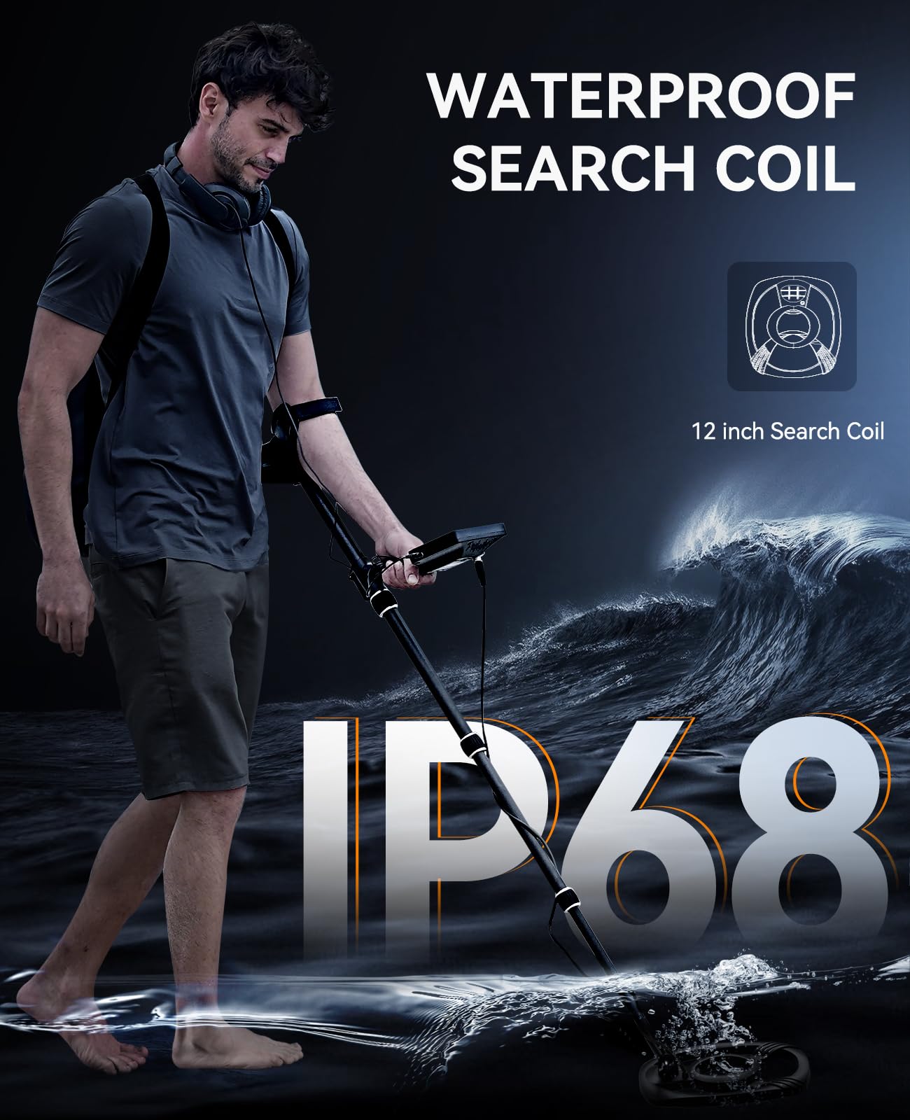 SUNPOW detector being used on a sandy beach showing coil performance and water-edge searching