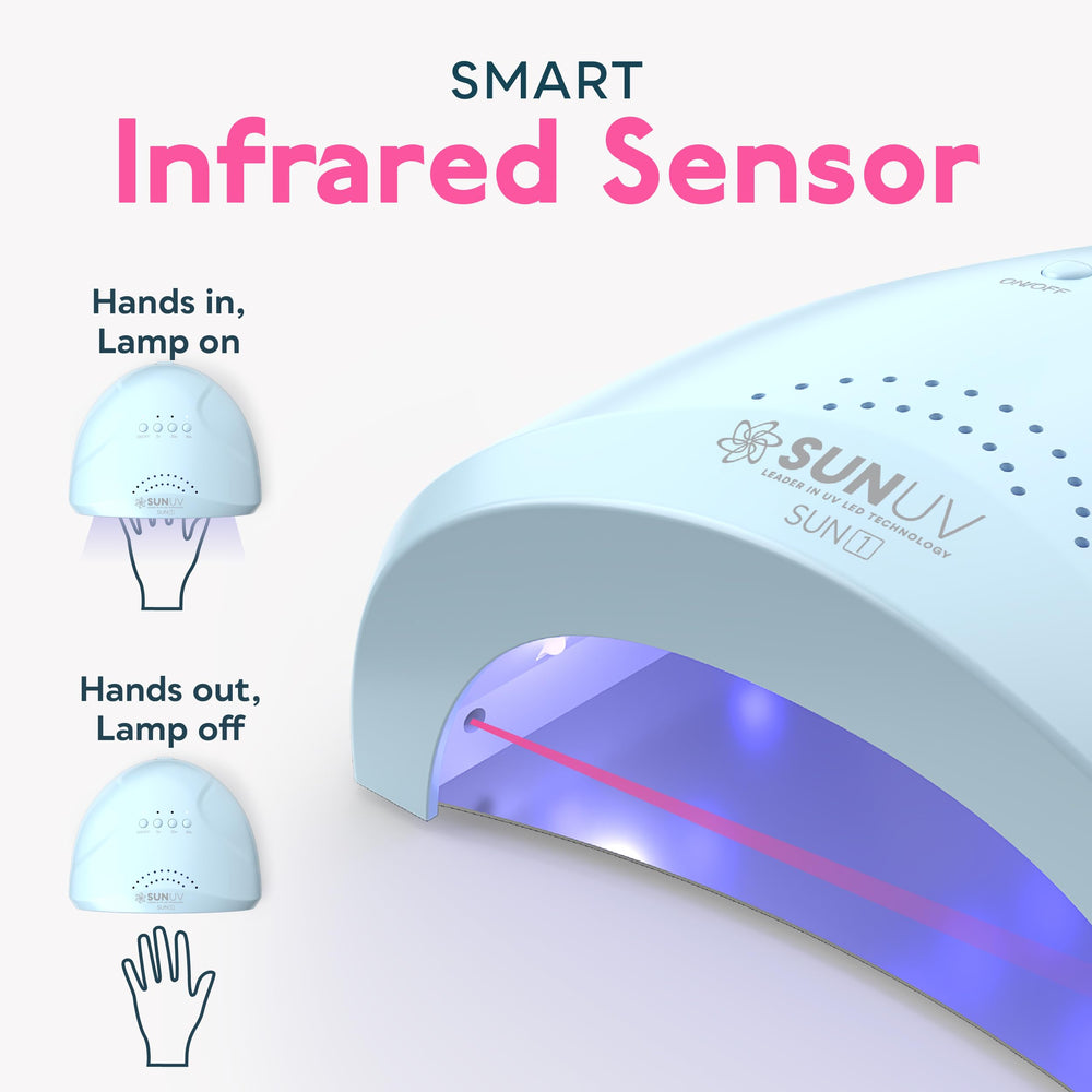 SUNUV SUNONE Blue en uso durante manicura mostrando sensor automático