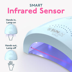 SUNUV SUNONE Blue en uso durante manicura mostrando sensor automático