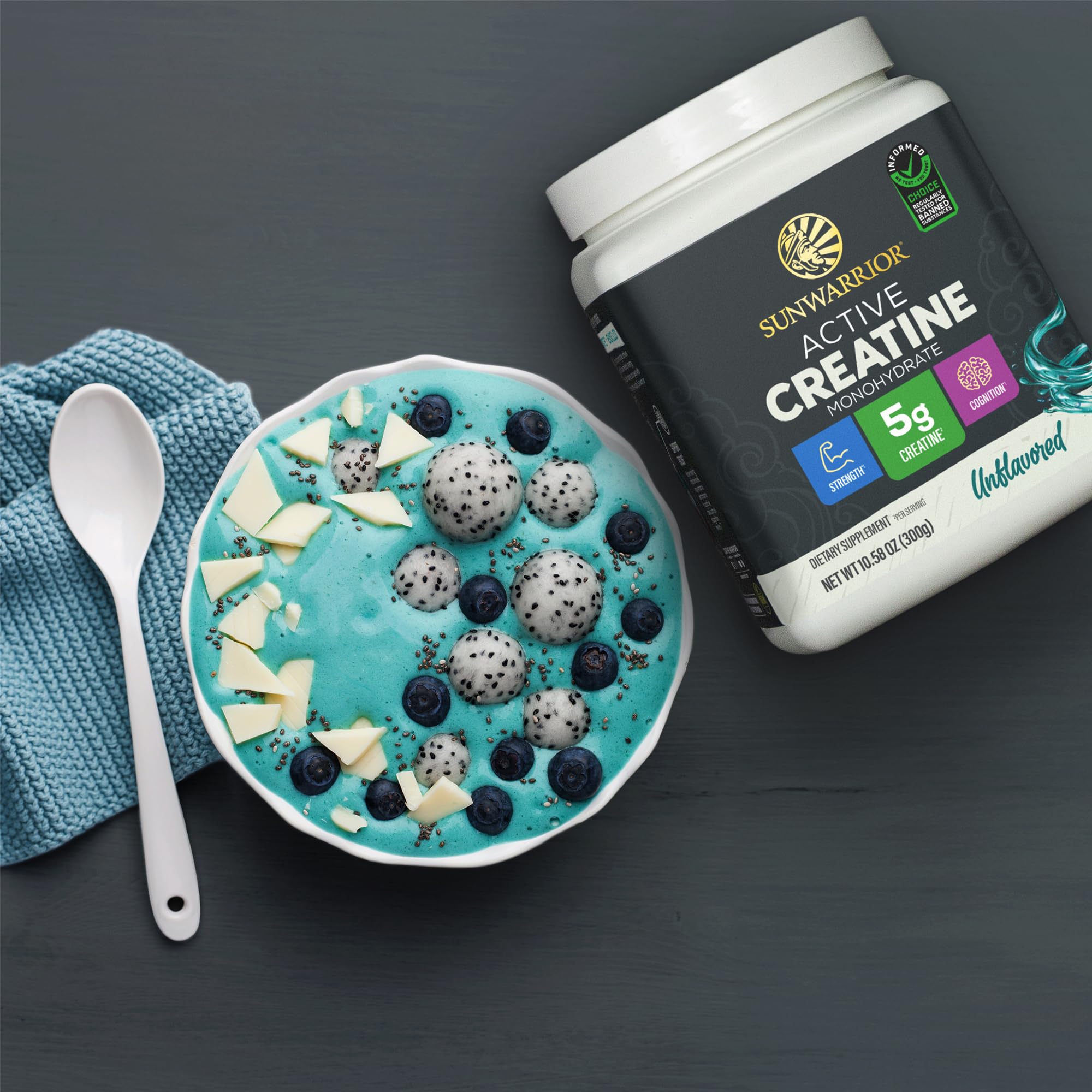 Etiqueta Sunwarrior con información nutricional y beneficios verificados