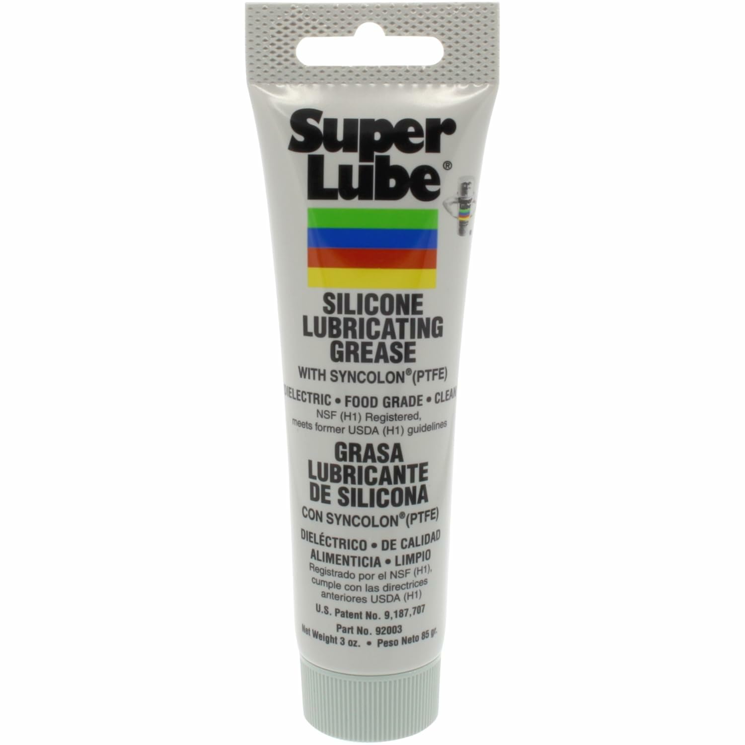 Super Lube 92003 tubo frontal mostrando diseño y tamaño, beneficio de aplicación precisa