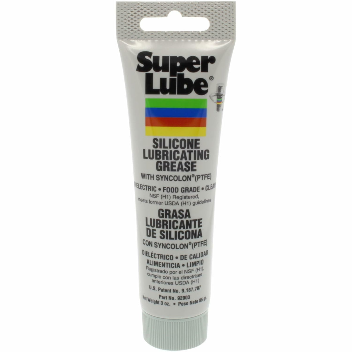 Super Lube 92003 tubo frontal mostrando diseño y tamaño, beneficio de aplicación precisa