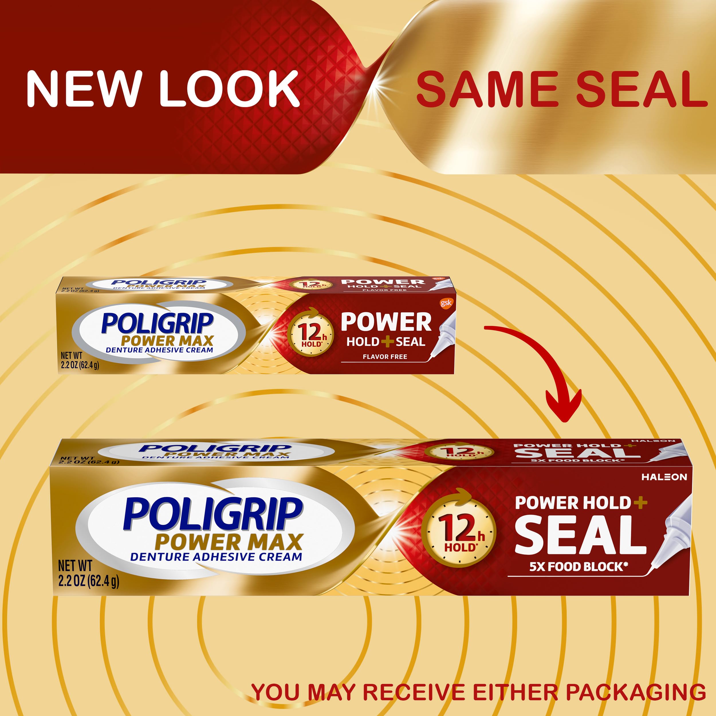 Super Poligrip lifestyle smile scene with confident wearer enjoying eating benefit