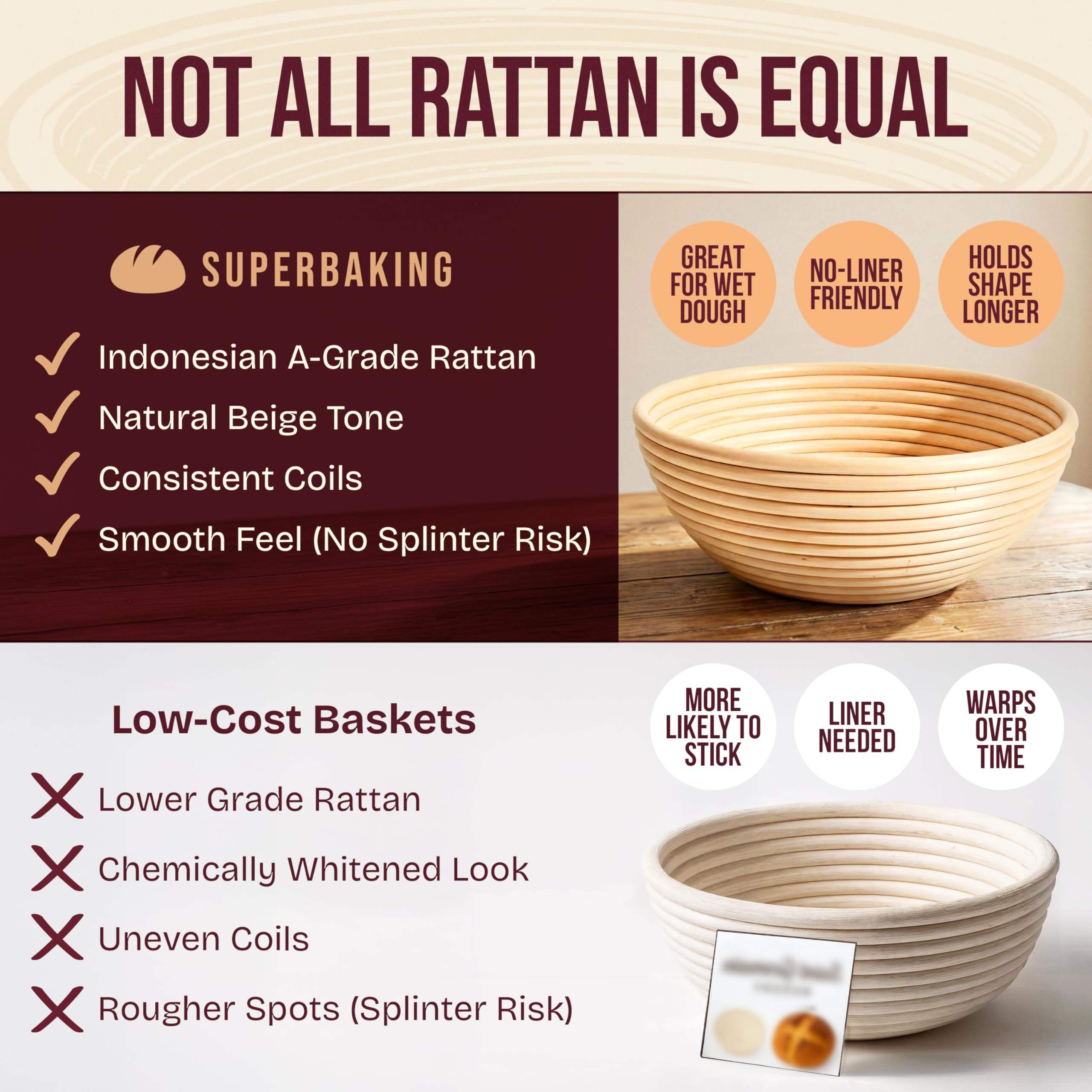 Superbaking banneton close rattan detail highlighting smooth splinter-free finish