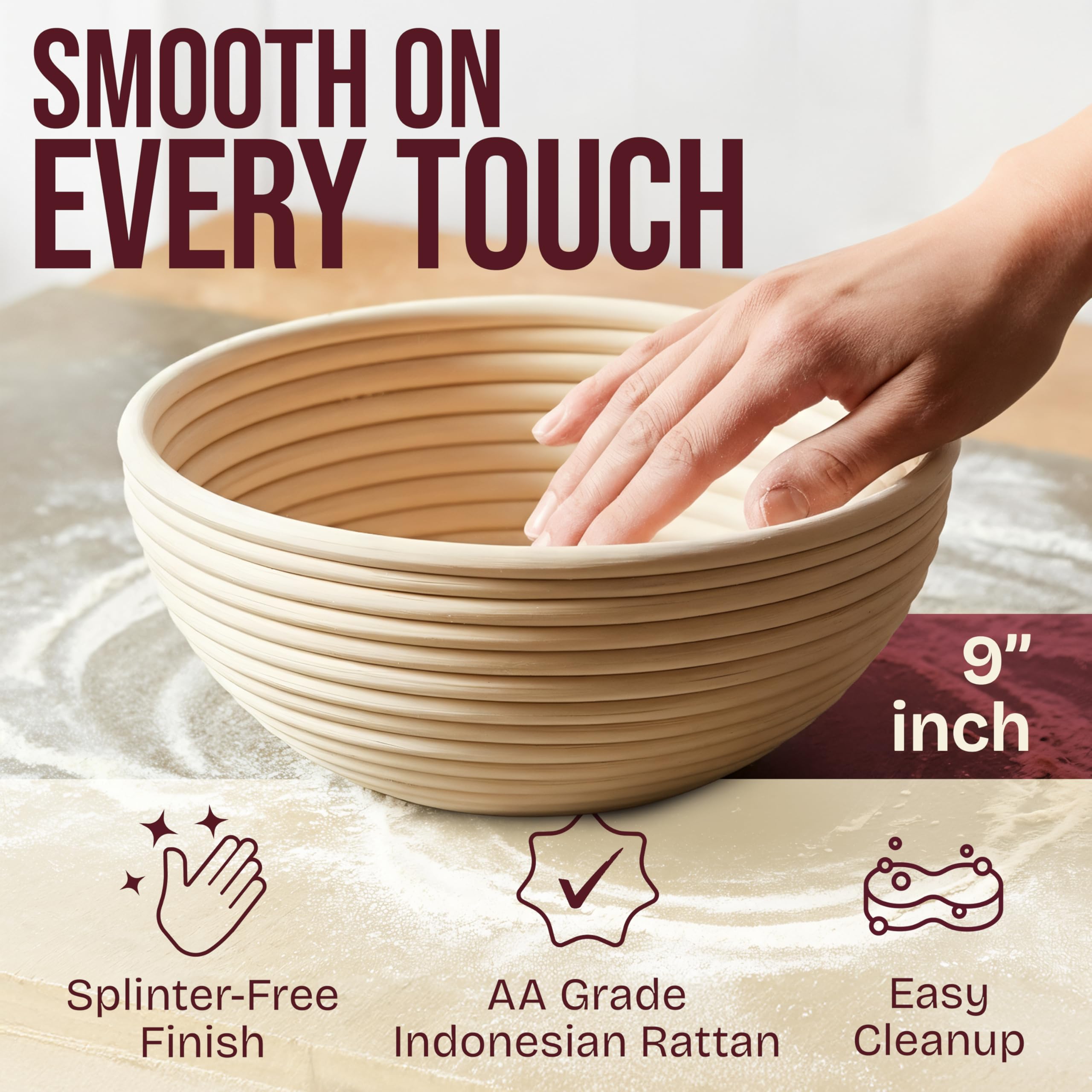 Superbaking banneton with liners inside showing non-stick proofing advantage