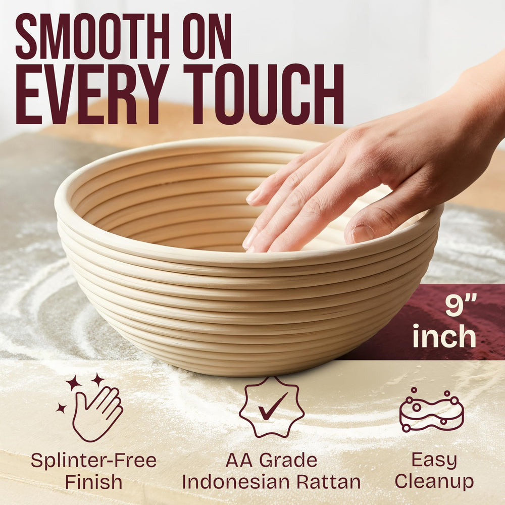 Superbaking banneton with liners inside showing non-stick proofing advantage