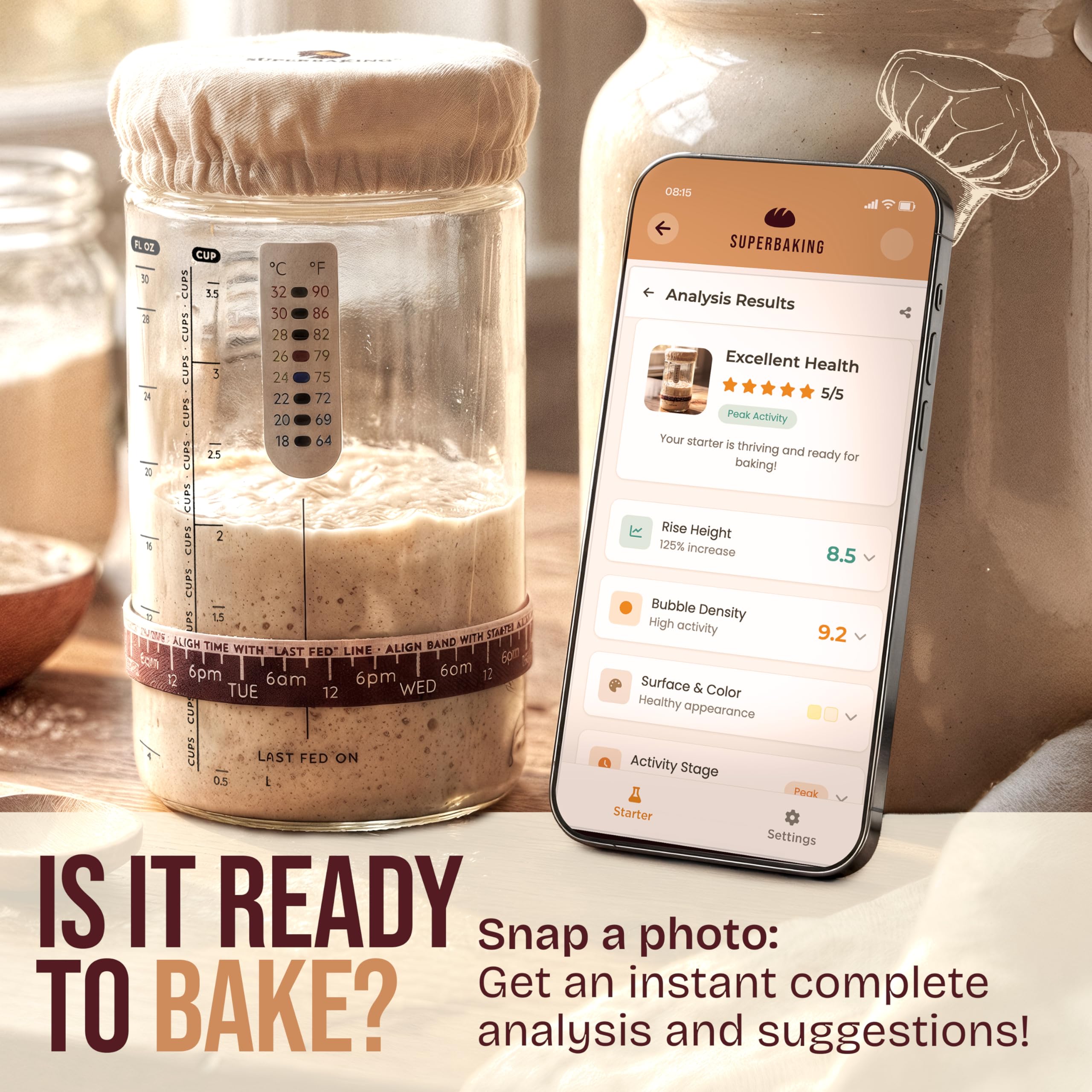 Superbaking mano sosteniendo termómetro para controlar temperatura óptima