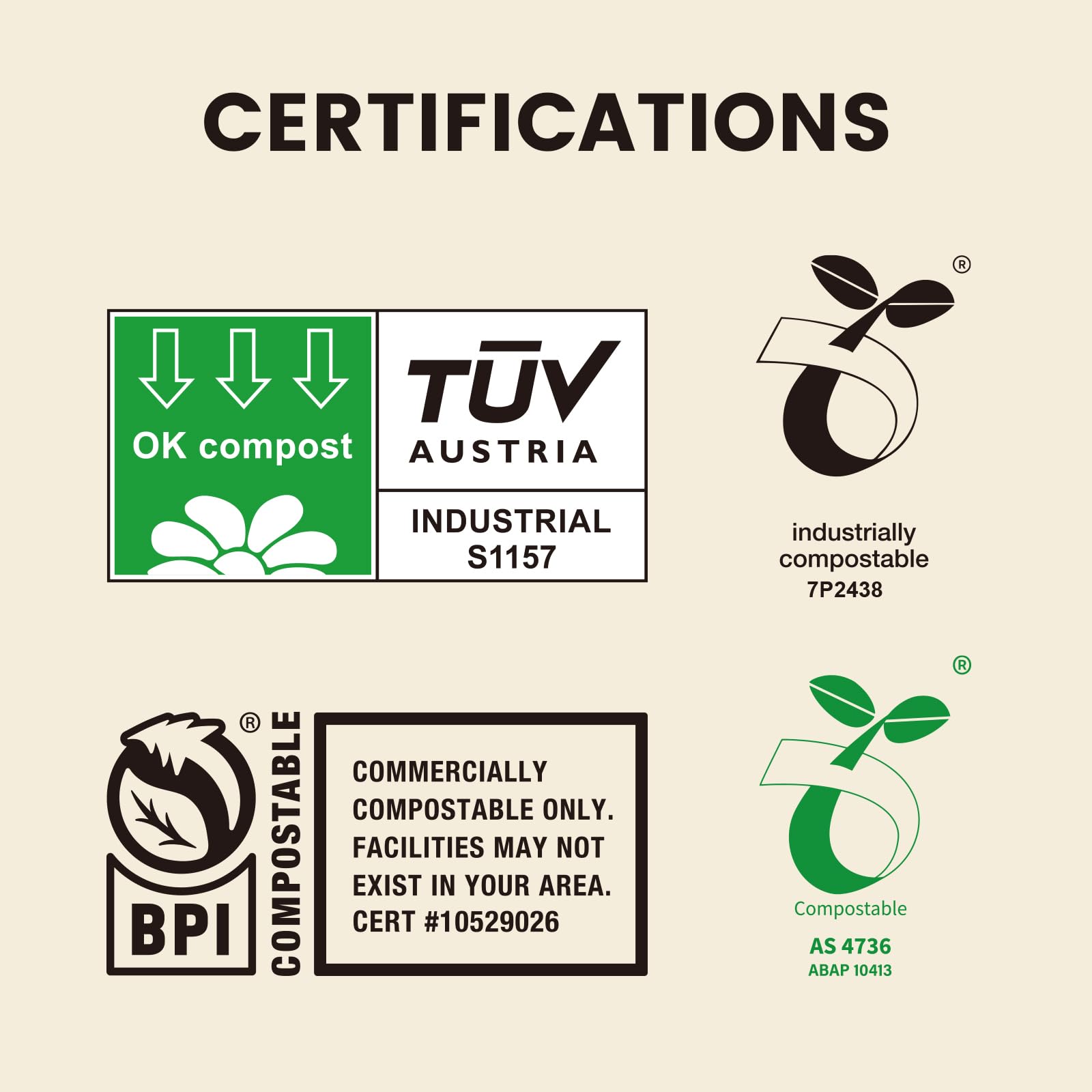 superbio certification labels close-up showing compliance and composting trust