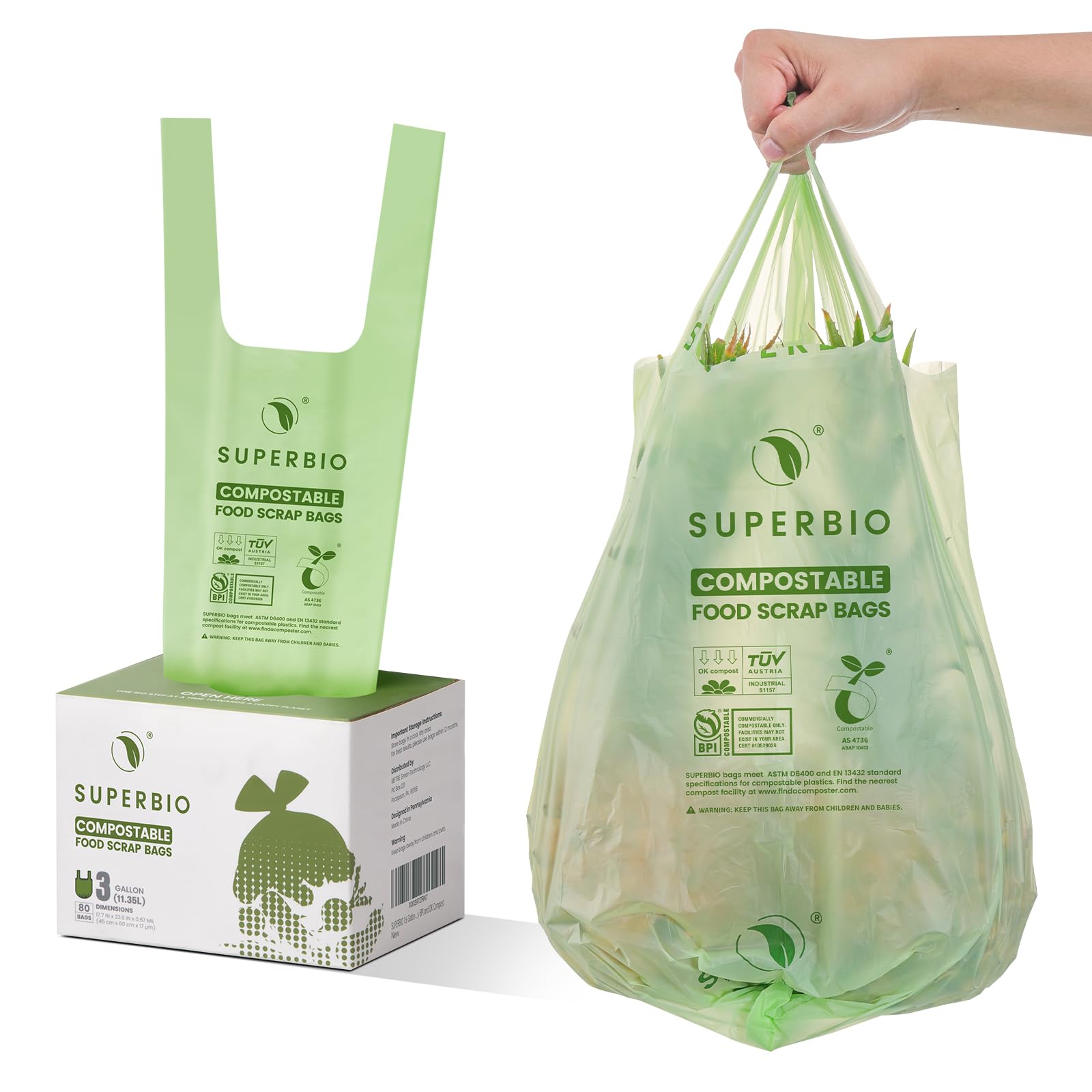 superbio front packaging showing 3 gallon compostable bags and quantity benefits