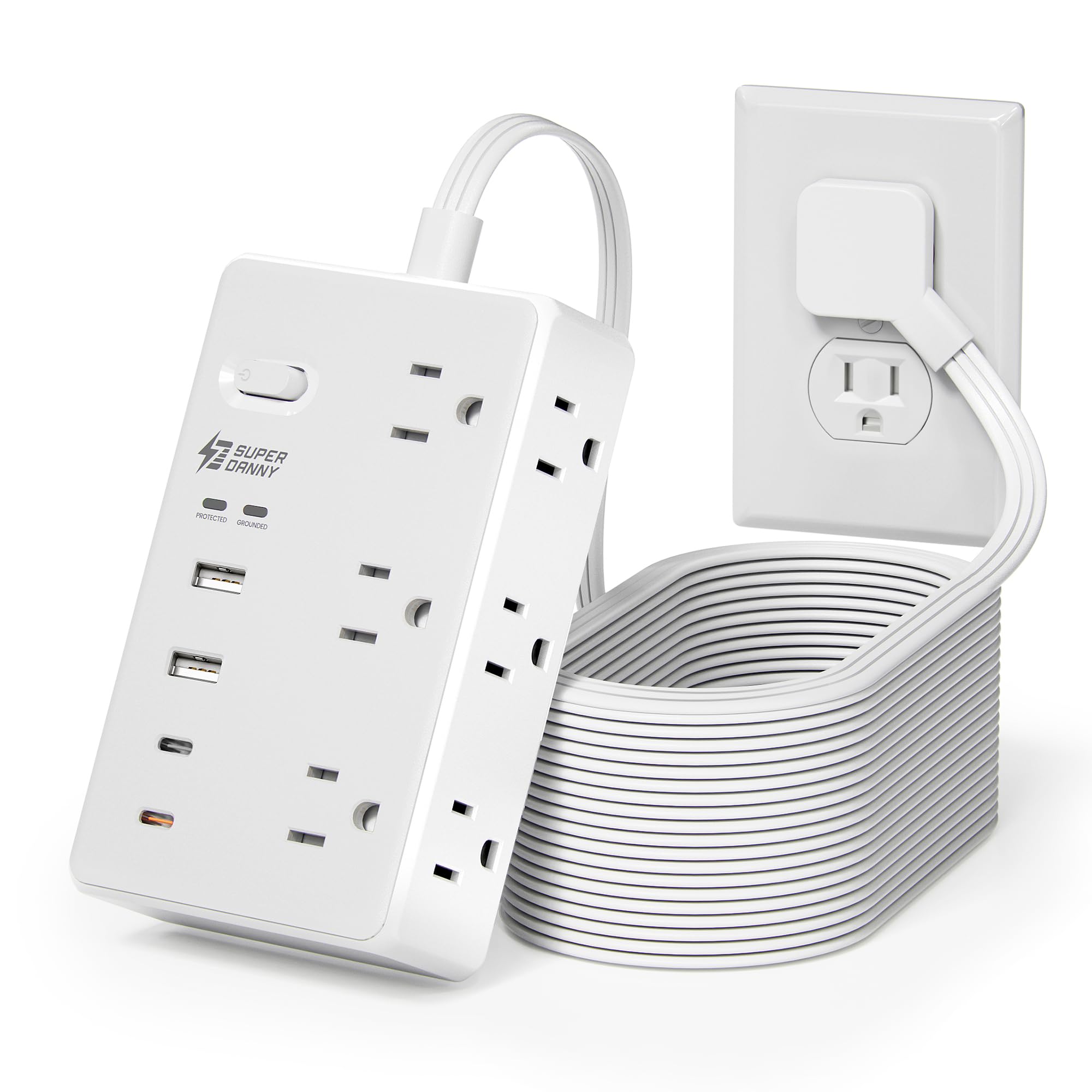 SUPERDANNY front view showing six outlets and USB ports for versatile charging