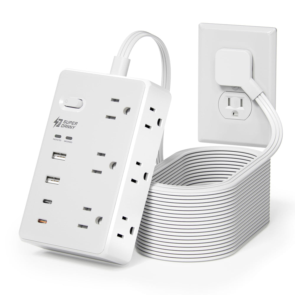 SUPERDANNY front view showing six outlets and USB ports for versatile charging