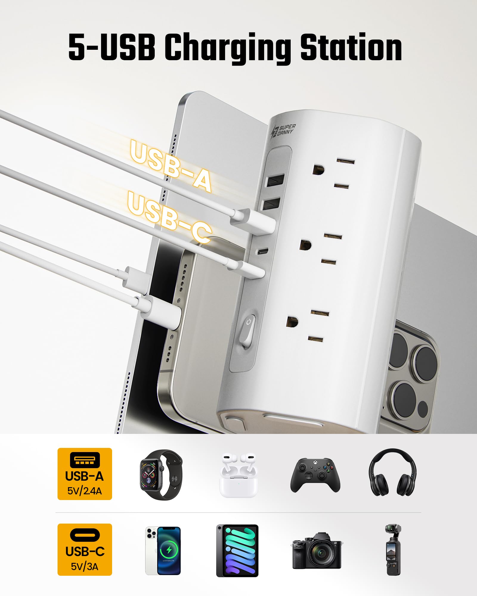 SUPERDANNY puertos USB-A y USB-C mostrando carga sin adaptadores