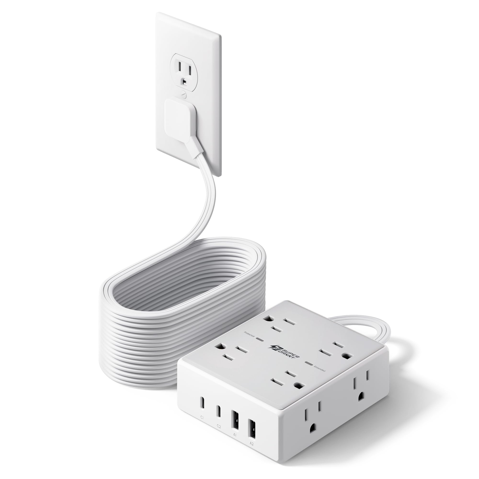 SUPERDANNY regleta frontal con 8 tomas y cuatro puertos USB, organiza y carga