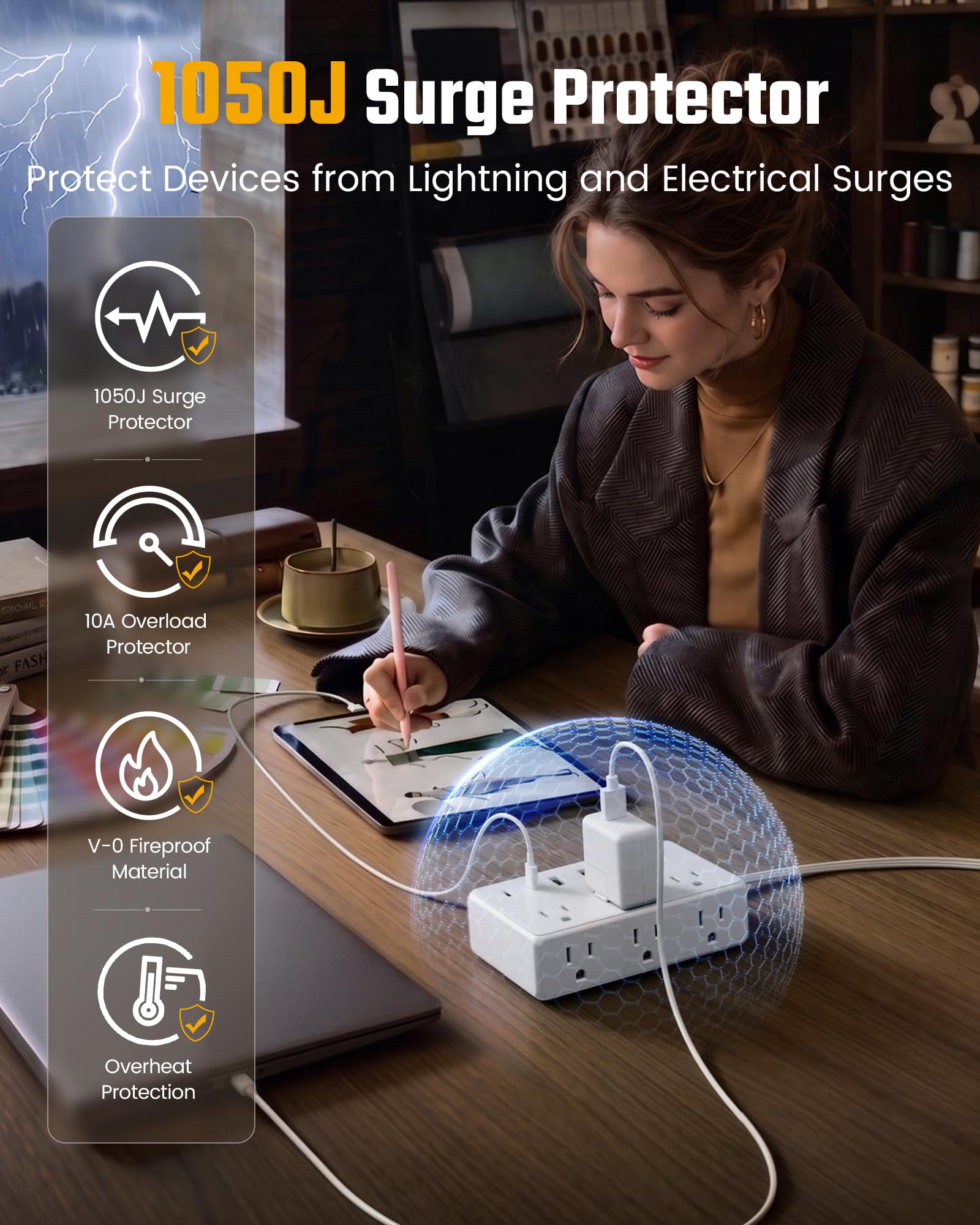 SUPERDANNY label highlighting surge protection ratings for safer electronics