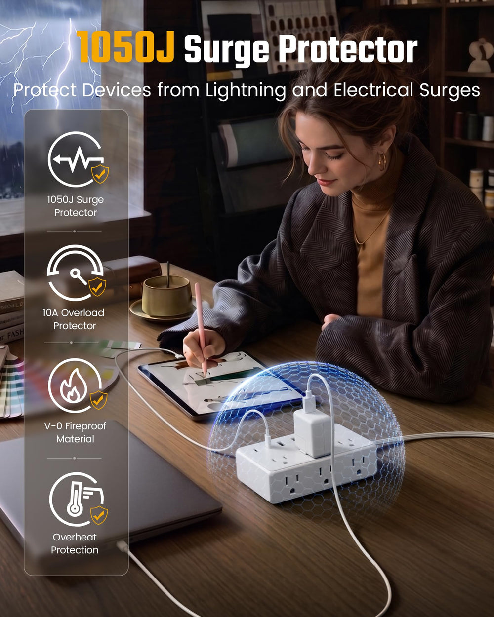 SUPERDANNY label highlighting surge protection ratings for safer electronics