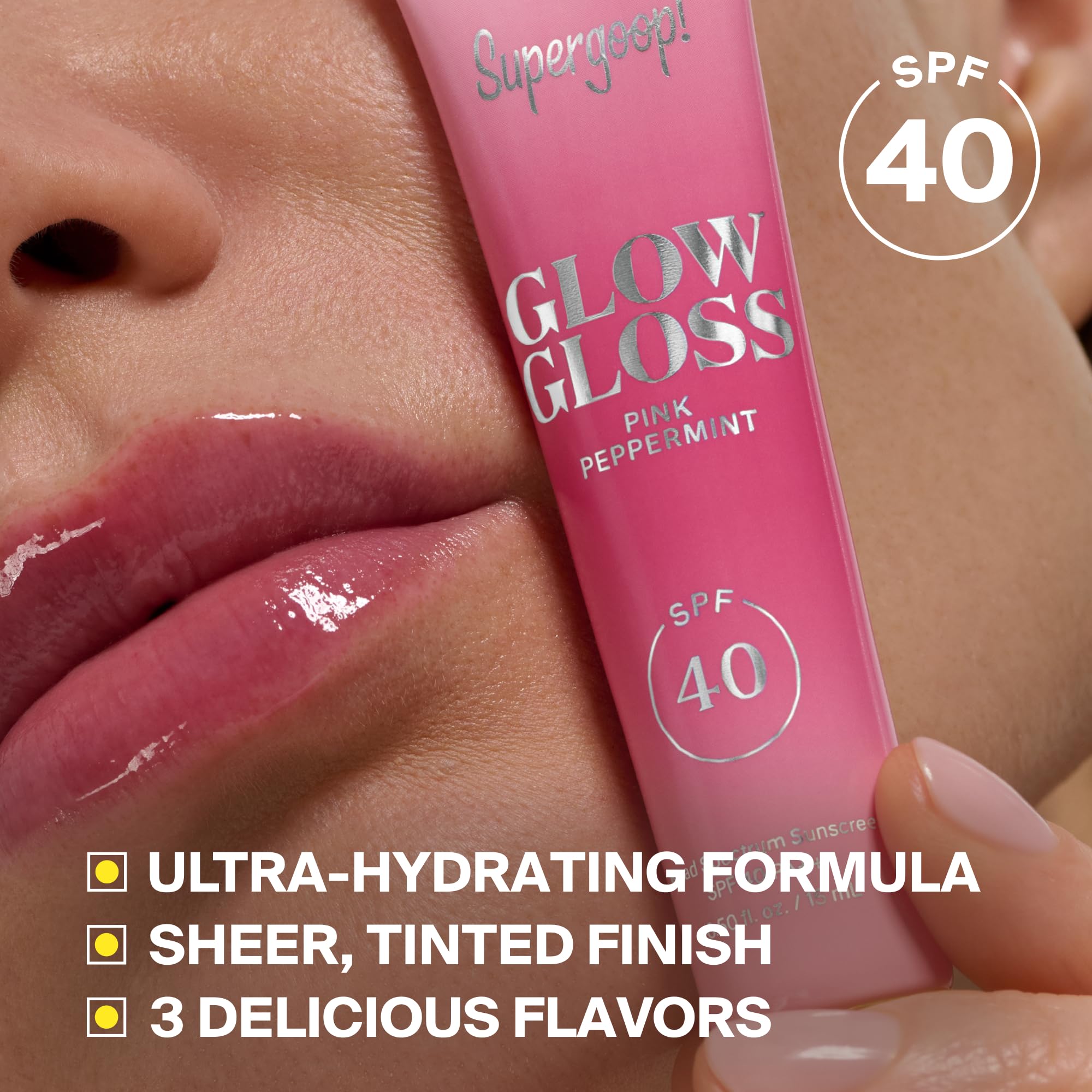 Supergoop! aplicación sobre labios mostrando tinte rosado y protección visible