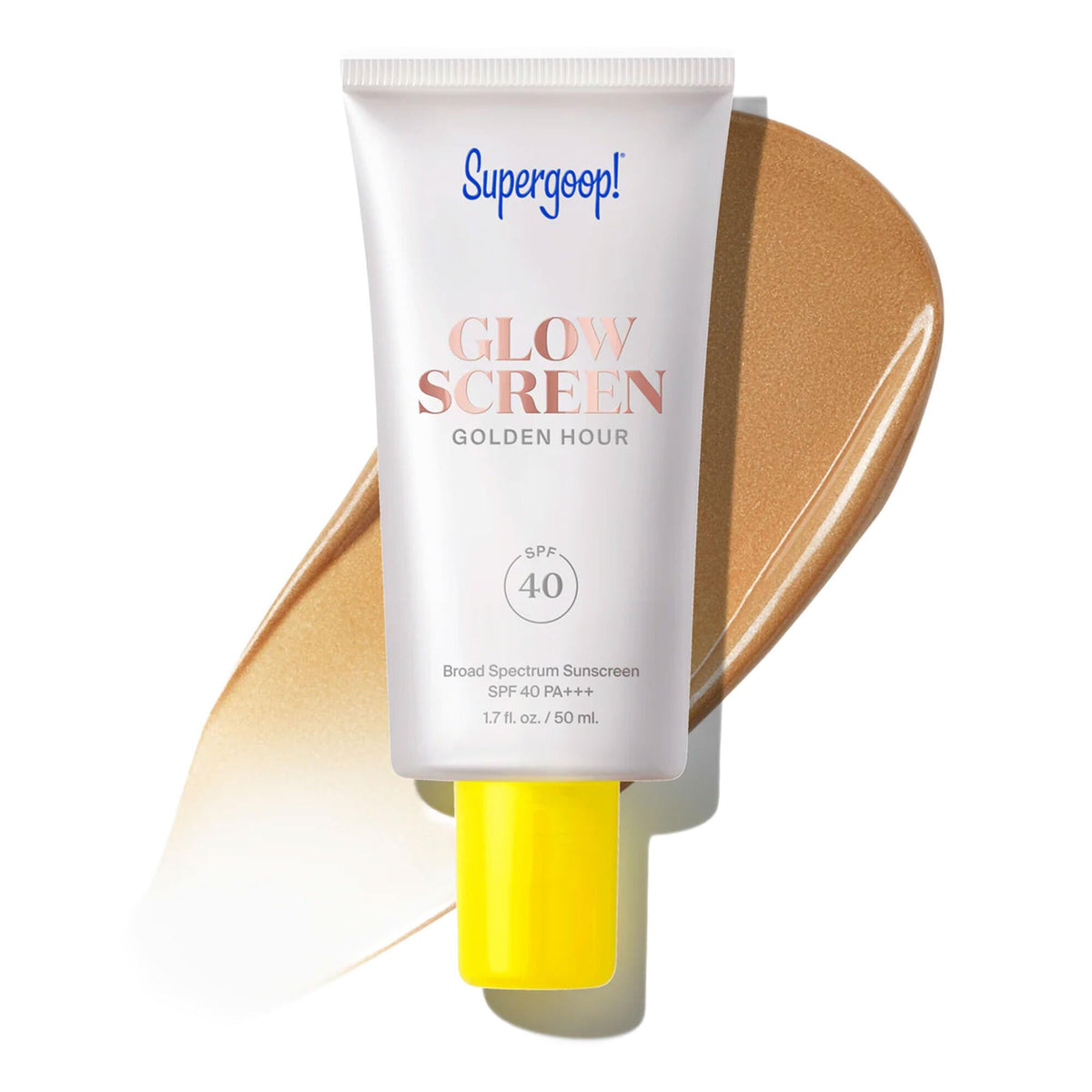 Supergoop! Glowscreen frente del envase mostrando el tono Golden Hour y beneficio luminoso