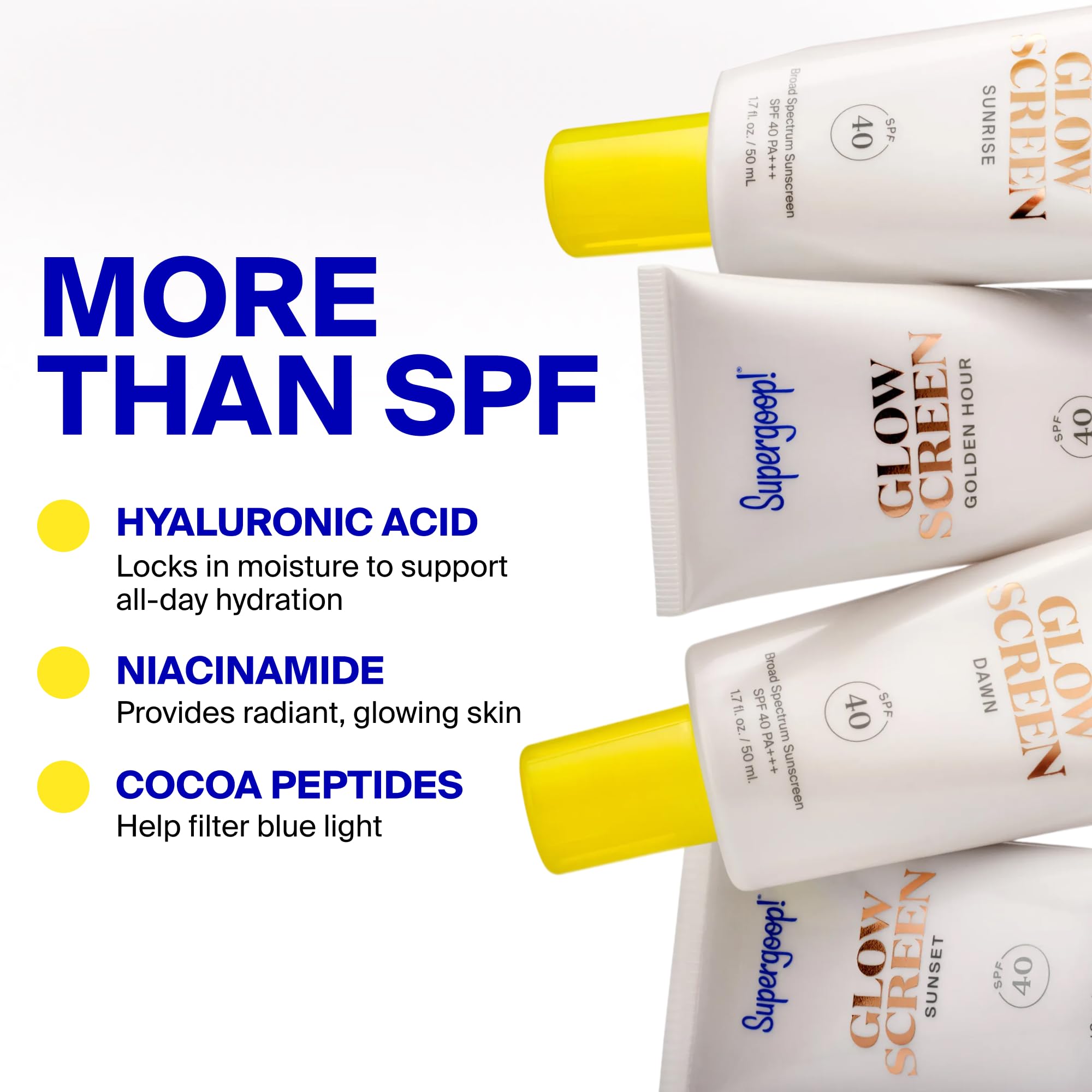 Supergoop! ingredientes clave como ácido hialurónico y niacinamida