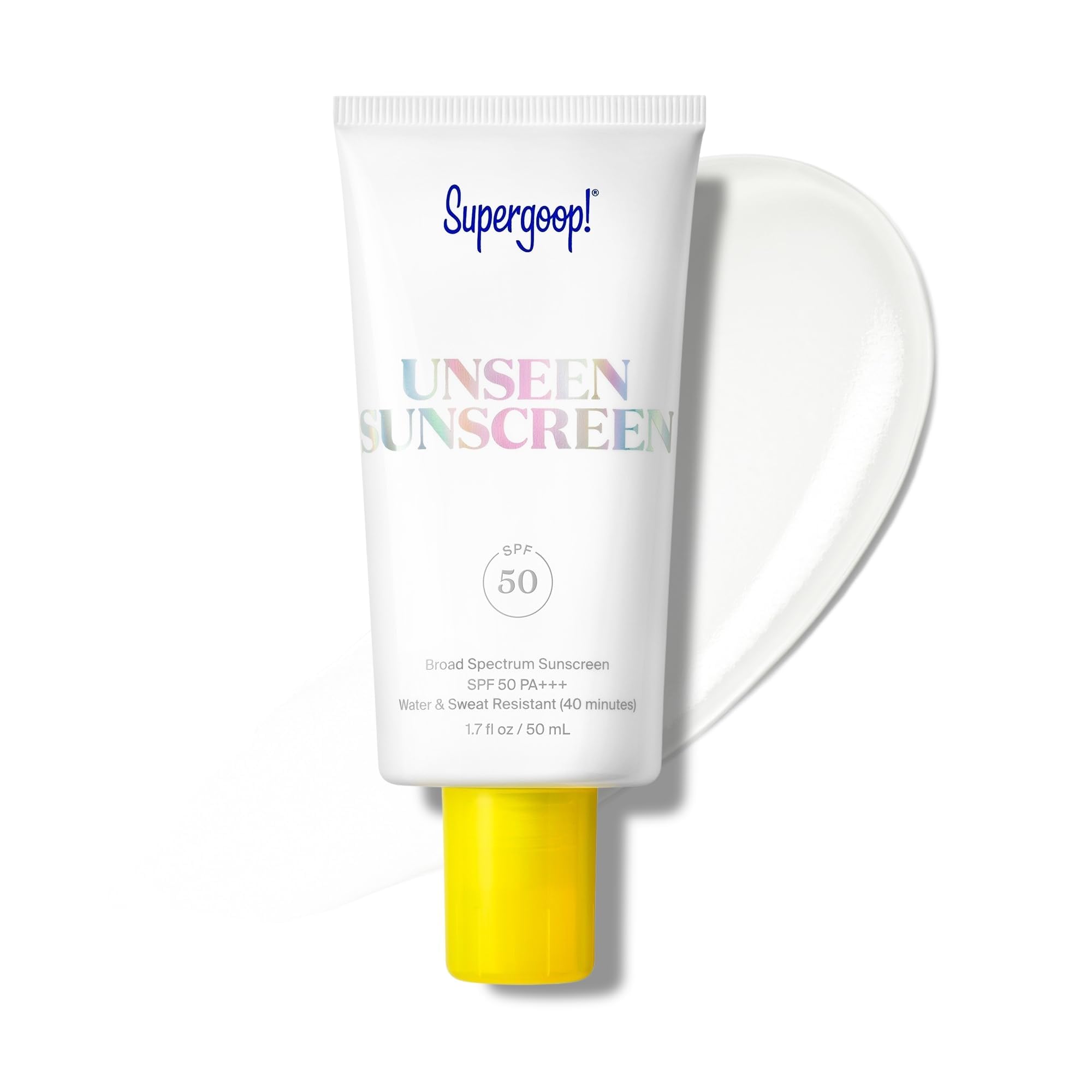 Supergoop! tubo frontal mostrando diseño y beneficio invisible