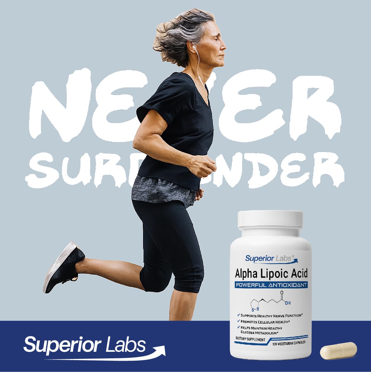 Superior Labs envase junto a frutas y vegetales, beneficio de enfoque natural