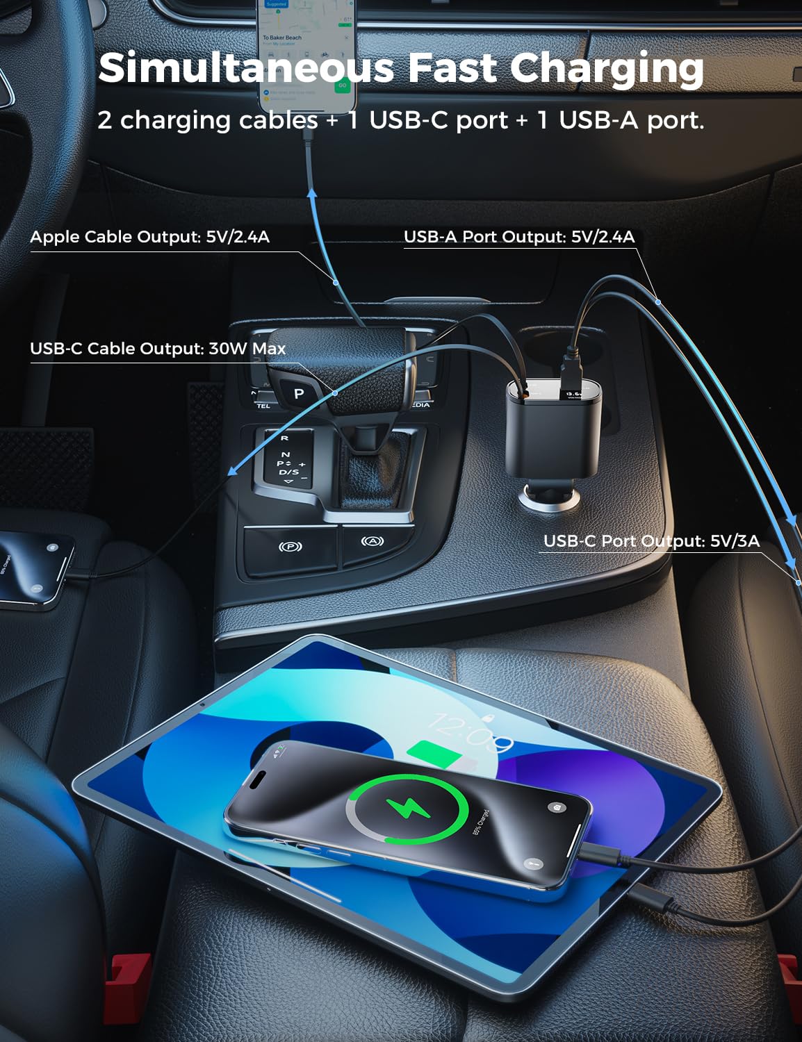 SUPERONE instalado en el mechero del coche, conectividad para varios dispositivos