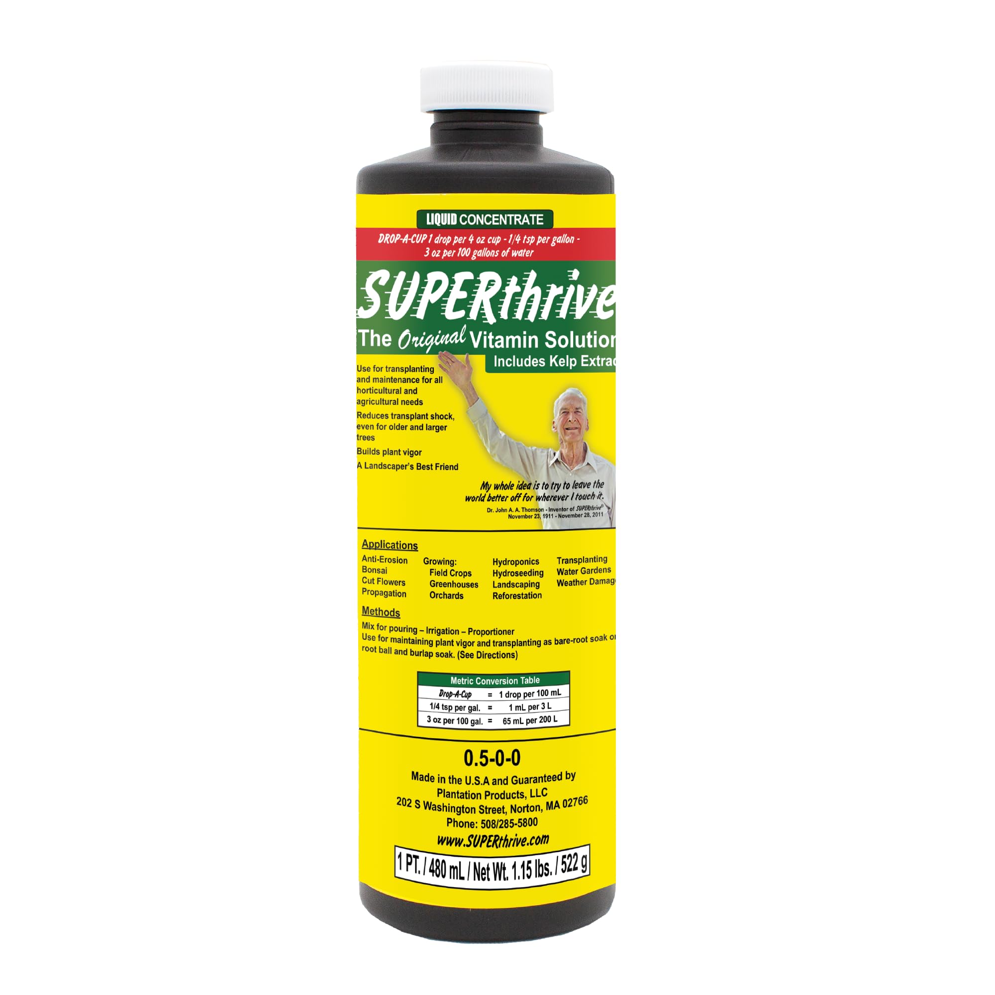 SUPERthrive envase frontal de 1 pint mostrando formato y facilidad de uso