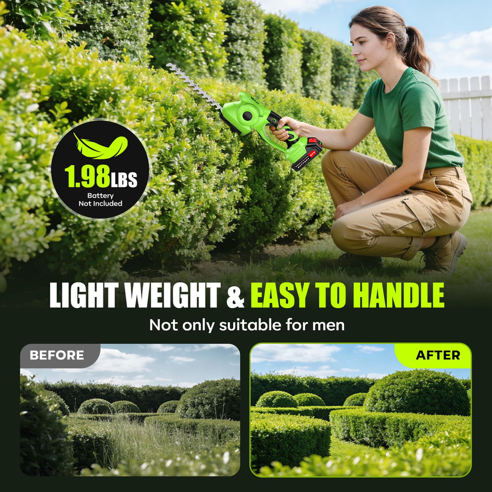 Supleap trimmer cutting a residential hedge demonstrating cordless mobility