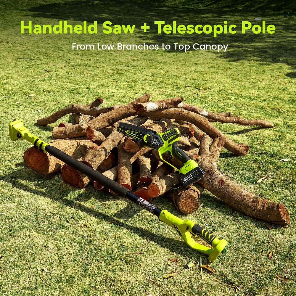 Supstable trimming a backyard tree showing safer ladder-free work