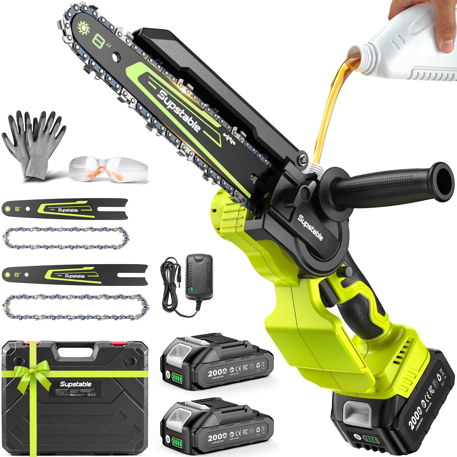 Supstable mini motosierra frontal mostrando diseño compacto y control ergonómico
