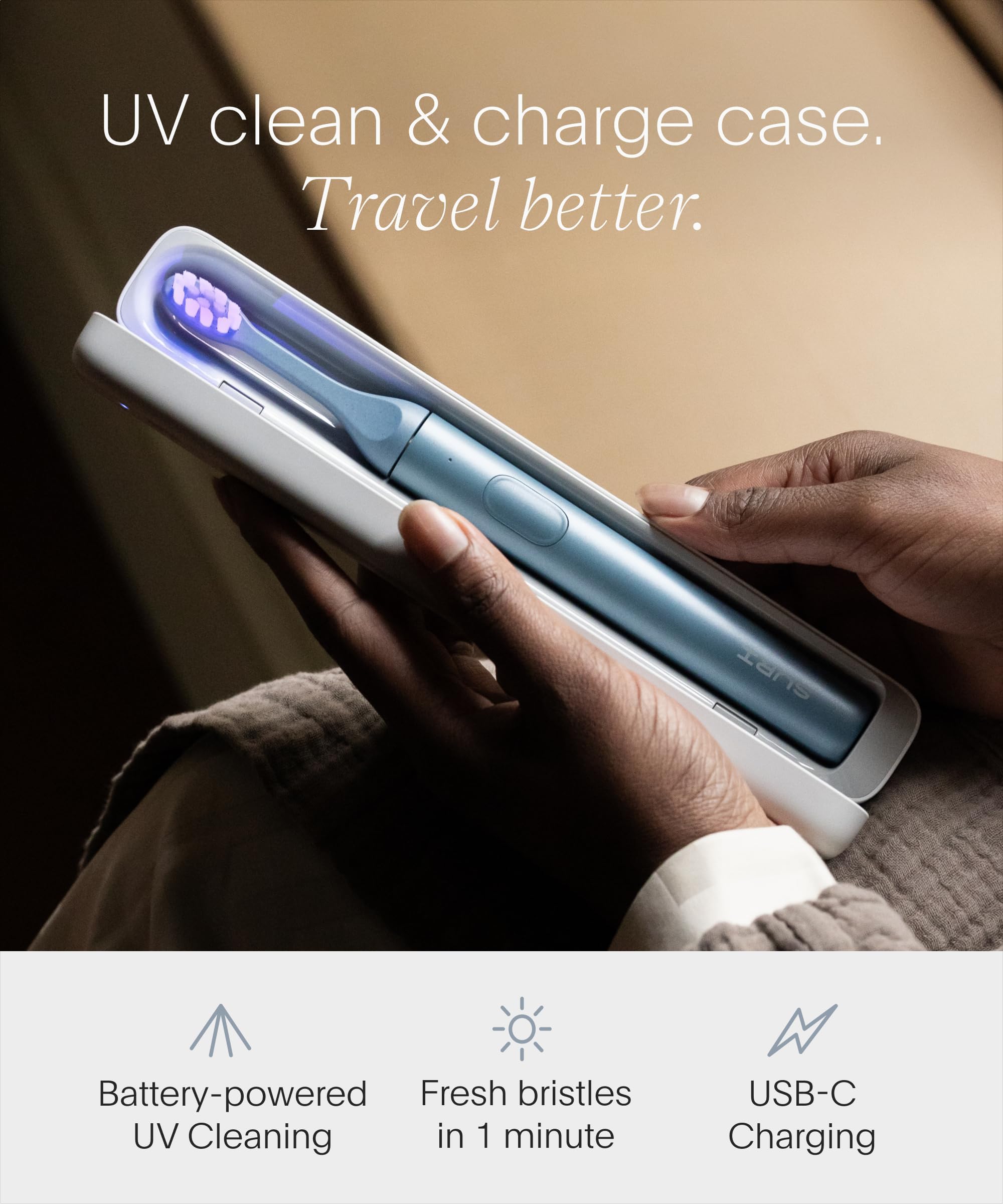 SURI estuche UV-C abierto con cabezal dentro, protección y desinfección rápida