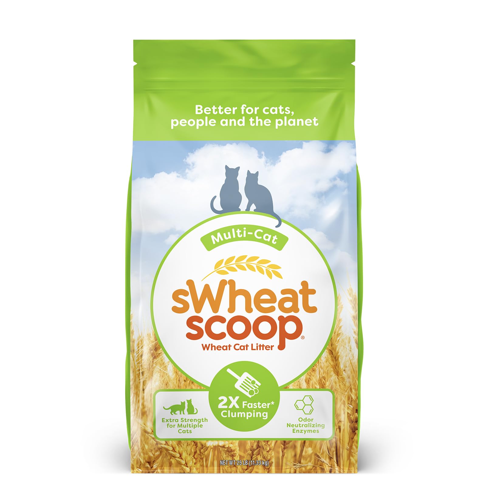 sWheat Scoop paquete frontal mostrando marca y peso, solución sostenible