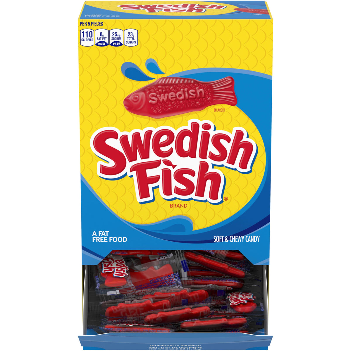 Swedish Fish frente de la caja dispensadora mostrando 240 piezas prácticas