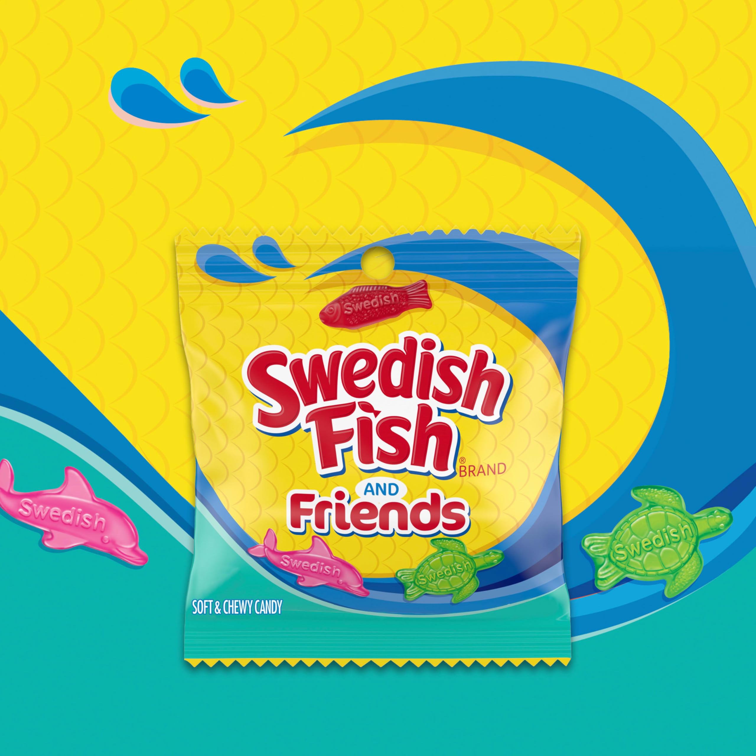 Swedish Fish close-up de tortuga verde y delfín resaltando sabores nuevos