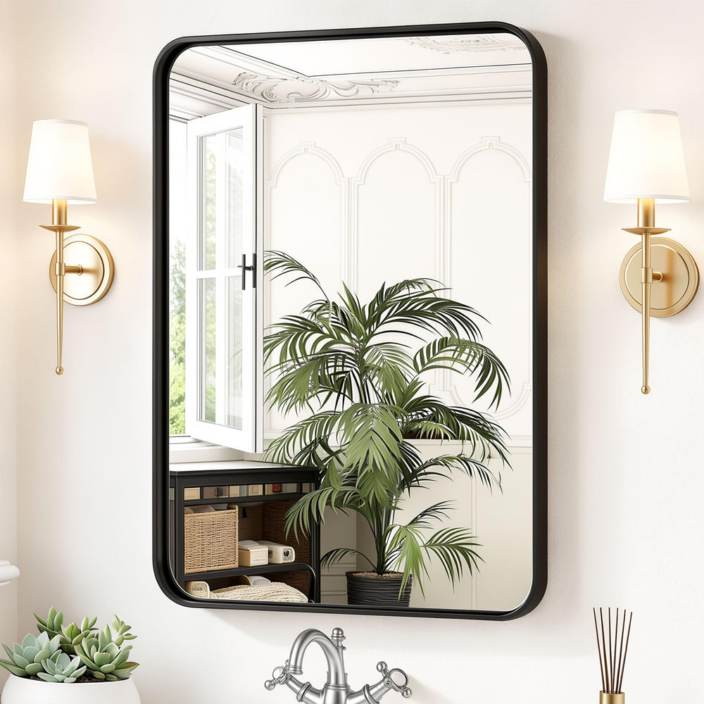 Sweetcrispy vista frontal del espejo 36x24 con marco negro elegante y clara visibilidad